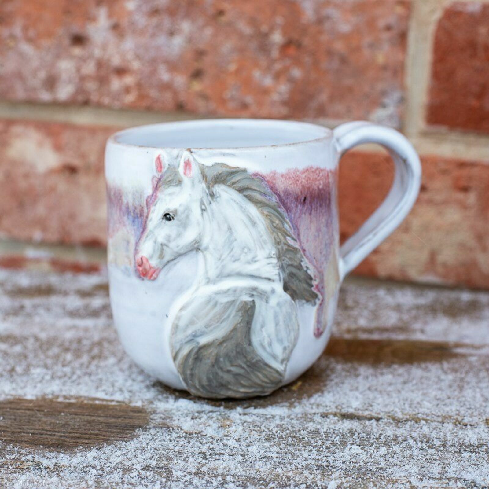 Ręcznie robiony kubek ceramiczny z koniem - Różowy Sen Peony, ok. 370 ml