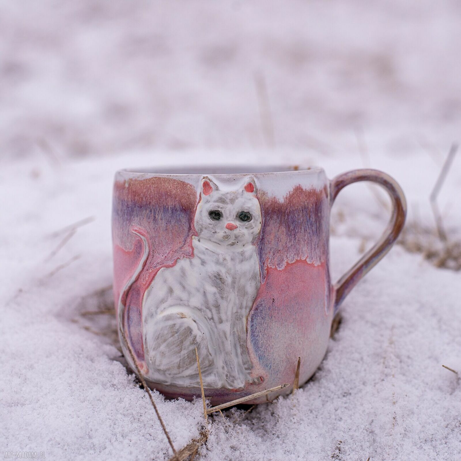 Handmade ceramiczny duży kubek z kotem - różowy sen Peony, ok. 500 ml