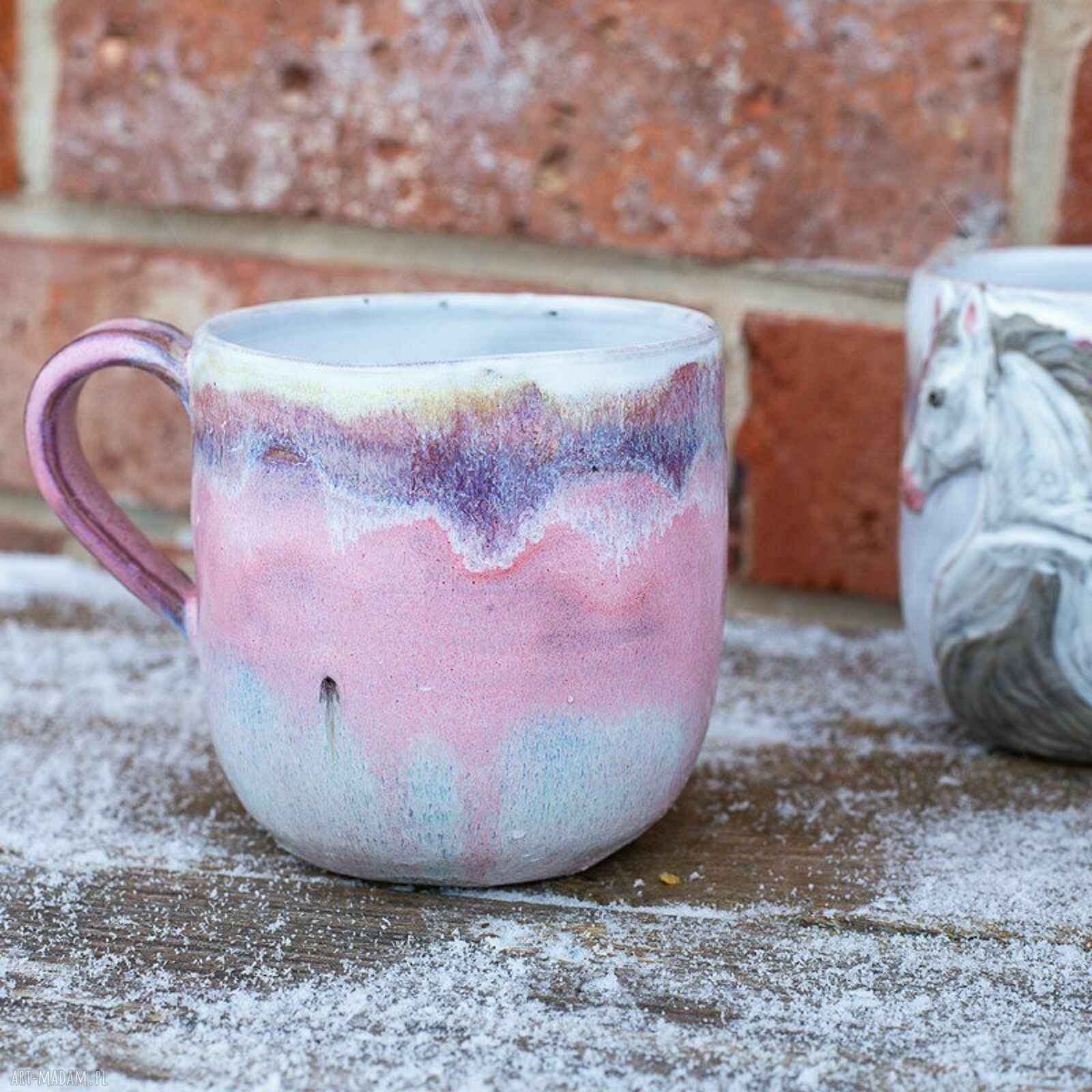 Ręcznie robiony duży kubek ceramiczny z kotem - Różowy sen Peony (ok. 450 ml)