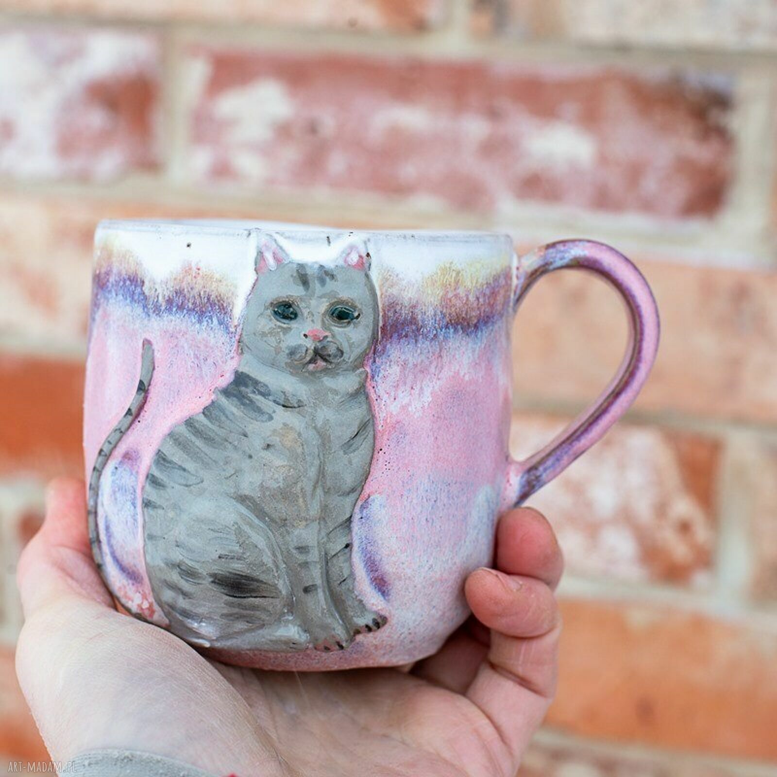 Ręcznie robiony duży kubek ceramiczny z kotem - Różowy sen Peony ok. 450 ml