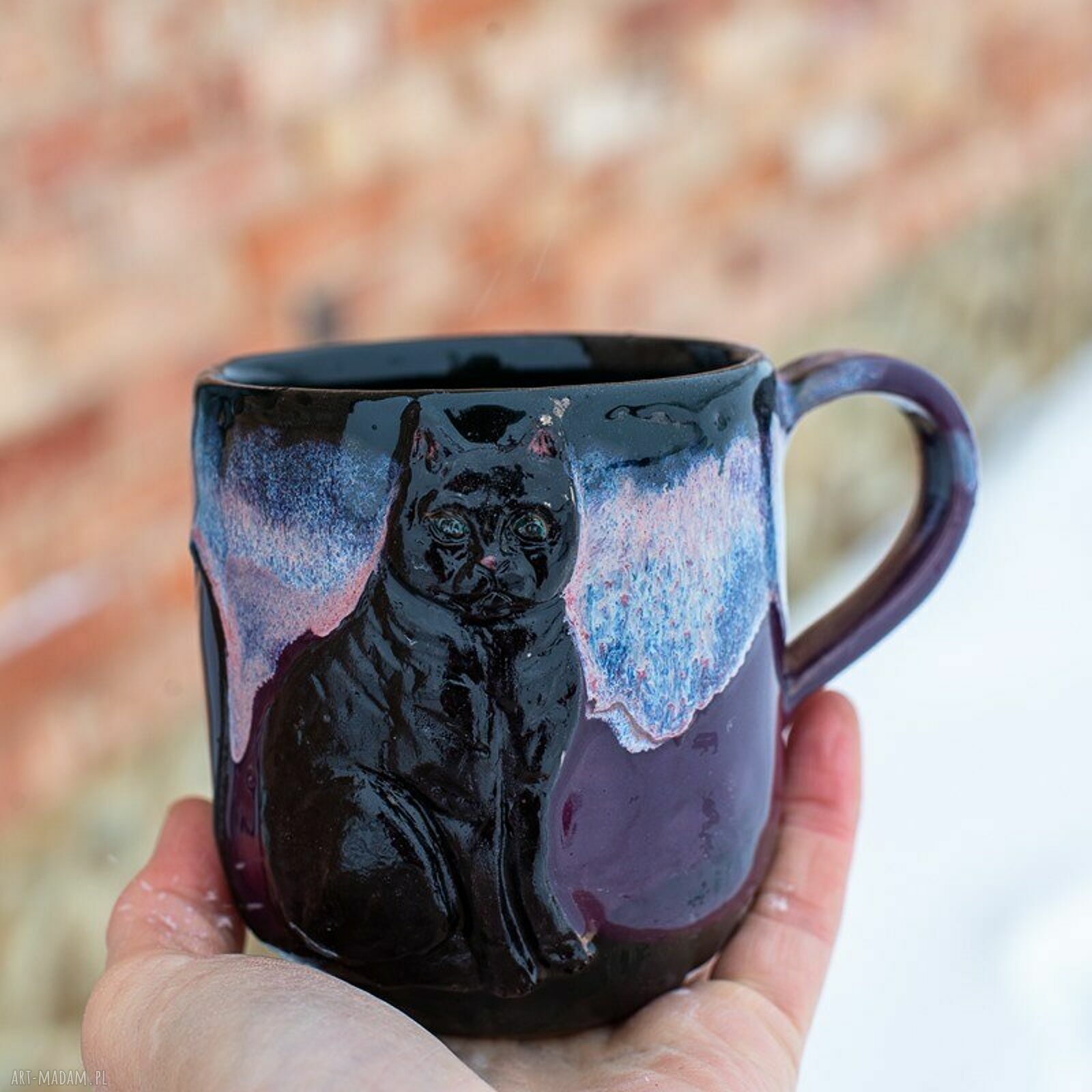 Duży kubek ceramiczny z kotem - Czarna Violetta, ręcznie robiony ok. 450 ml