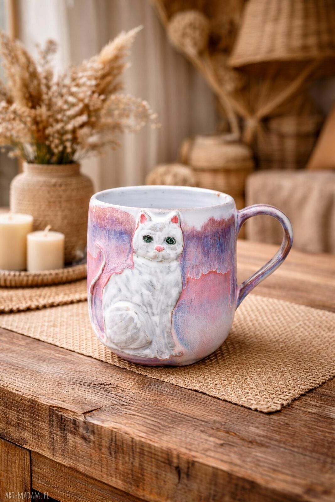 Handmade ceramiczny duży kubek z kotem - różowy sen Peony, ok. 500 ml