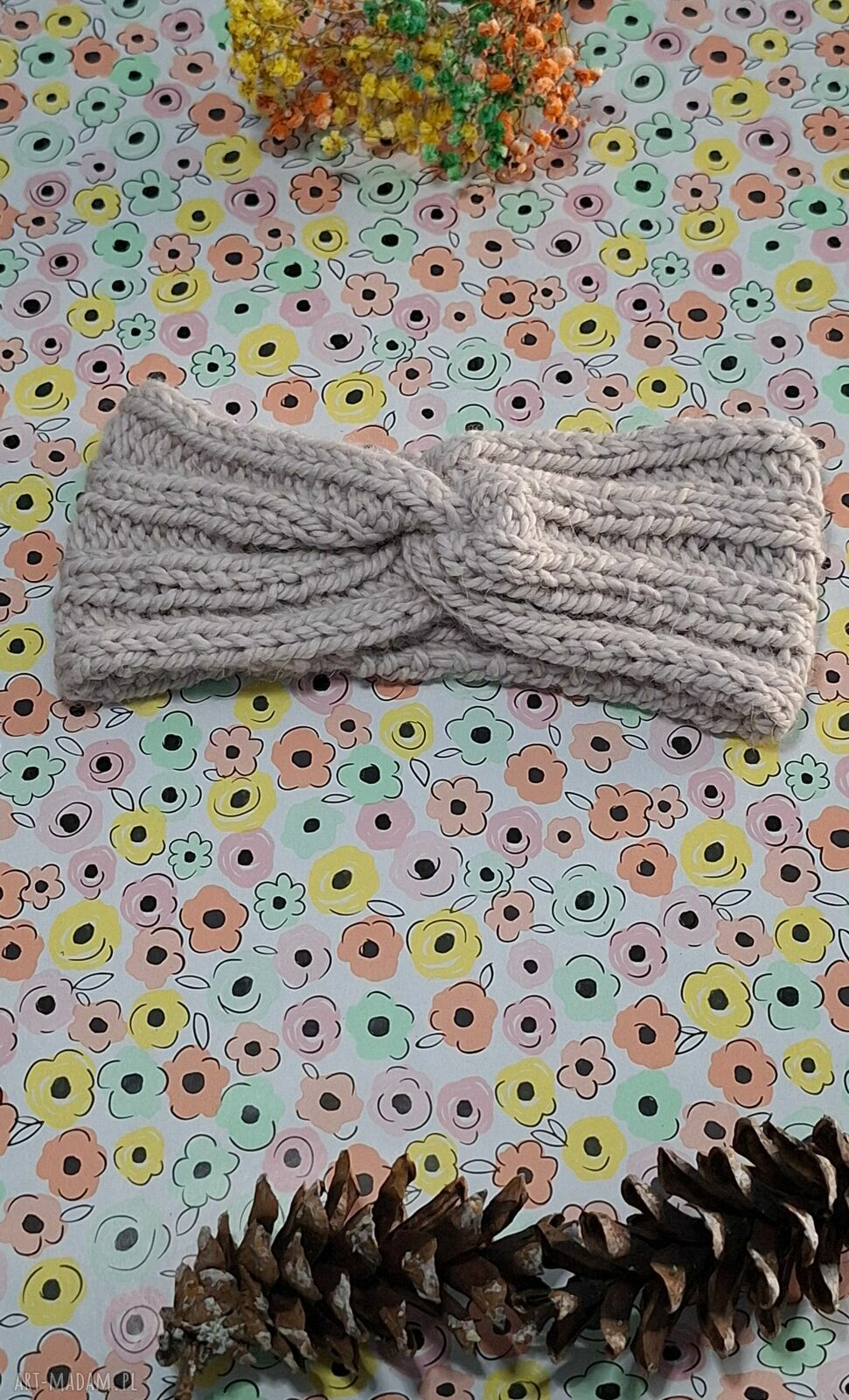 Ręcznie robiona opaska wełniana na drutach - turban twist beżowa (wapień)