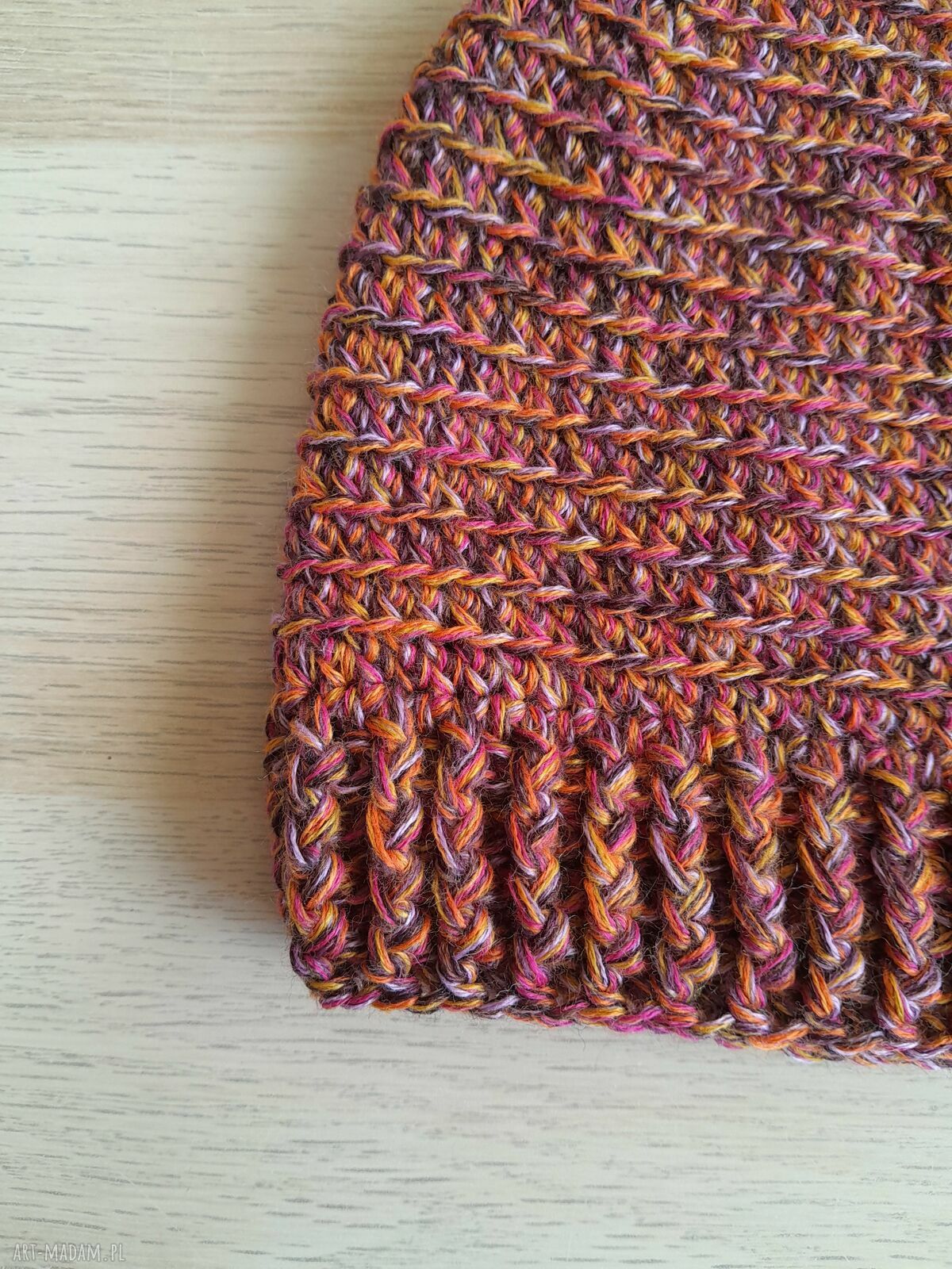 Czapka handmade z wełną merino - ciepły melanż brąz na jesień i zimę