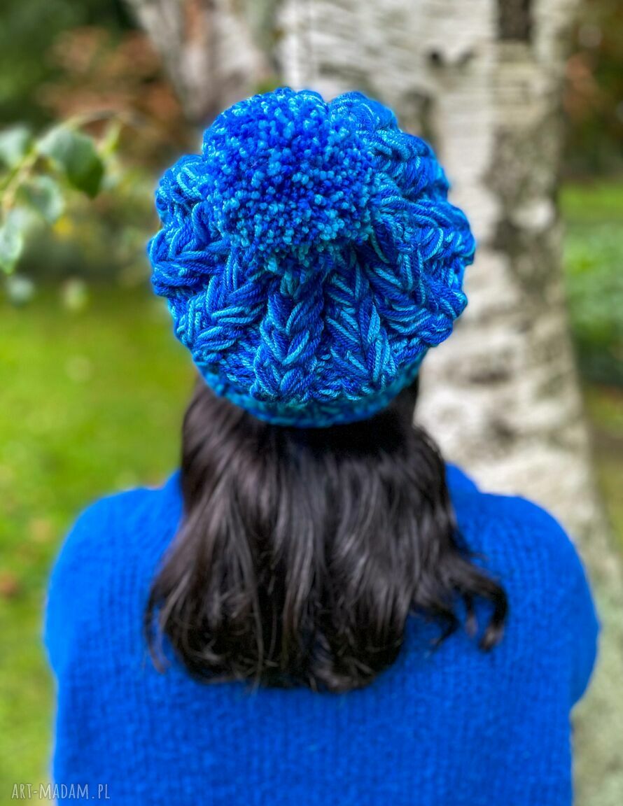 Ciepła czapka zimowa handmade Smile Błękity - polar i mały pompon