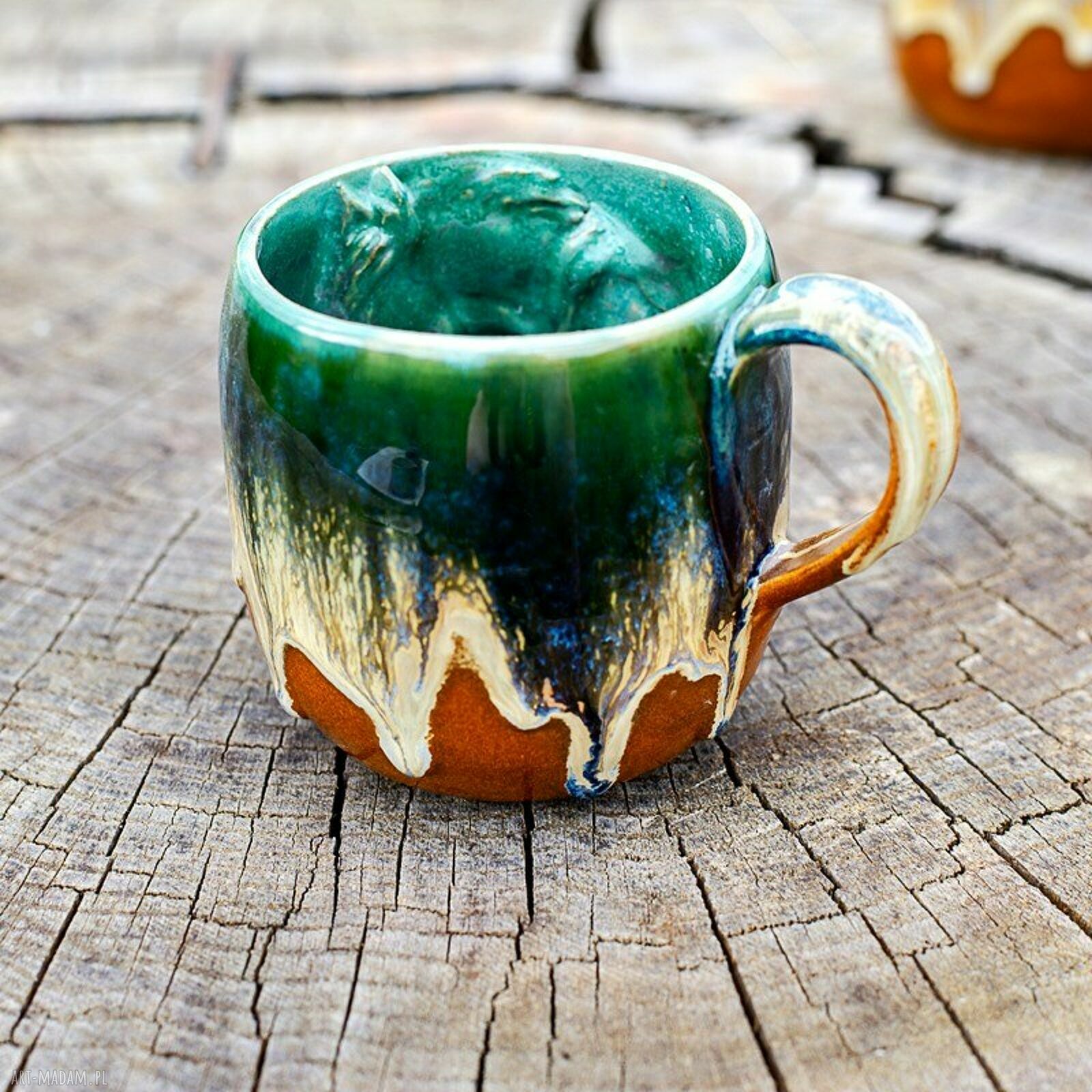 Handmade duży kubek ceramiczny z koniem wewnątrz - Smaragd - ok. 390 ml