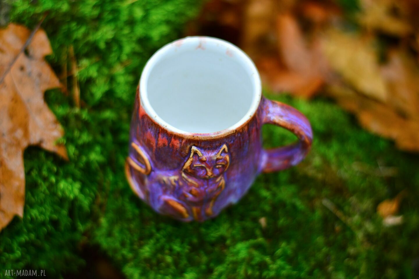 Duży kubek ceramiczny z kotem 420 ml - różowo-brązowy, ręcznie robiony