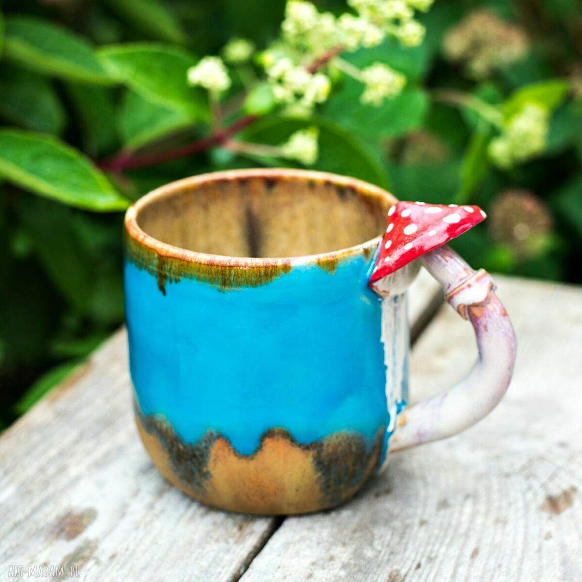 Kubek z muchomorkiem turkusowy 580 ml - ceramika handmade "Jesienne Zbiory"