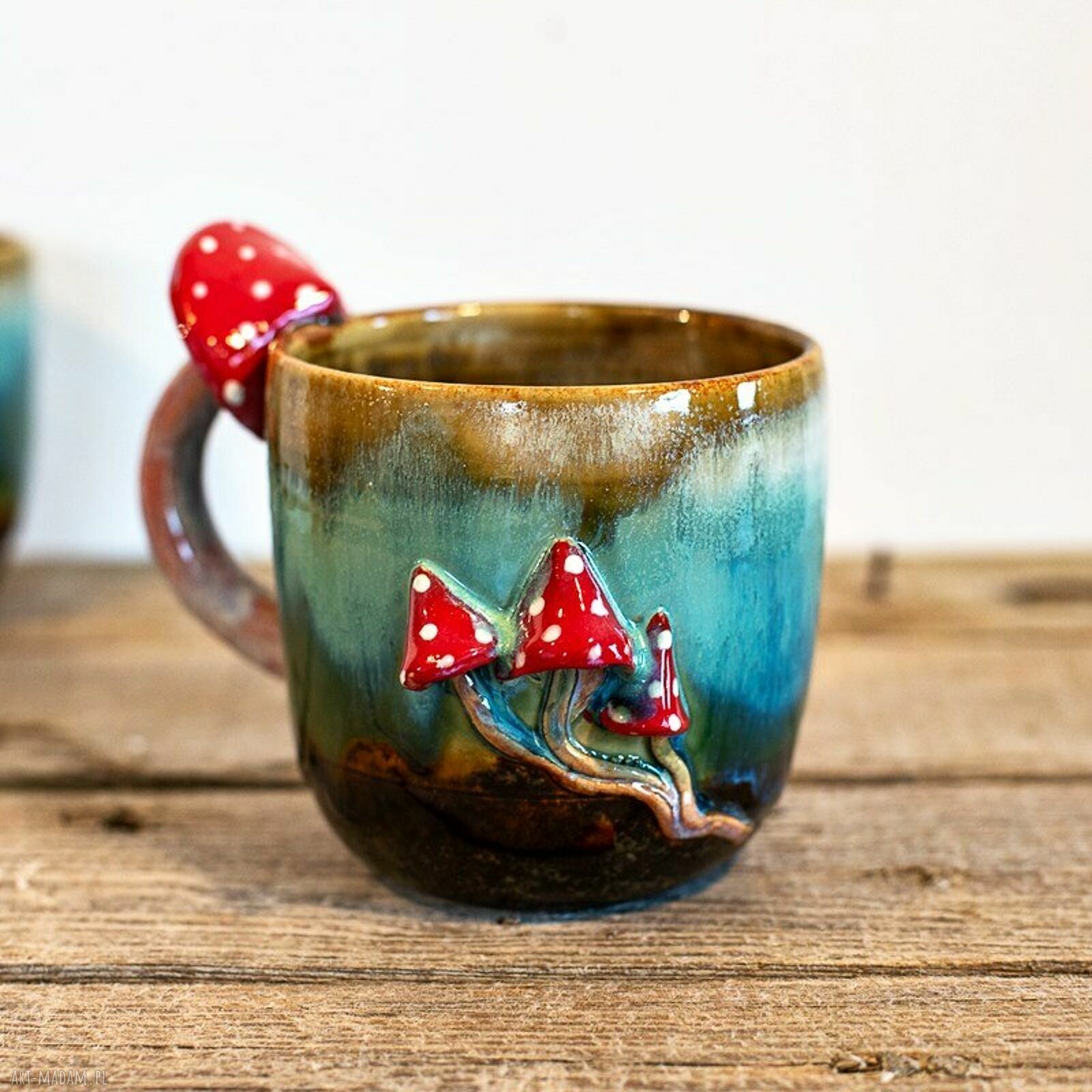 Handmade duży kubek z muchomorkiem - turkusowe poszycie, ok. 460 ml