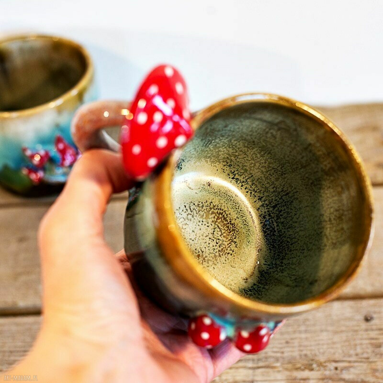 Handmade duży kubek z muchomorkiem - turkusowe poszycie, ok. 460 ml