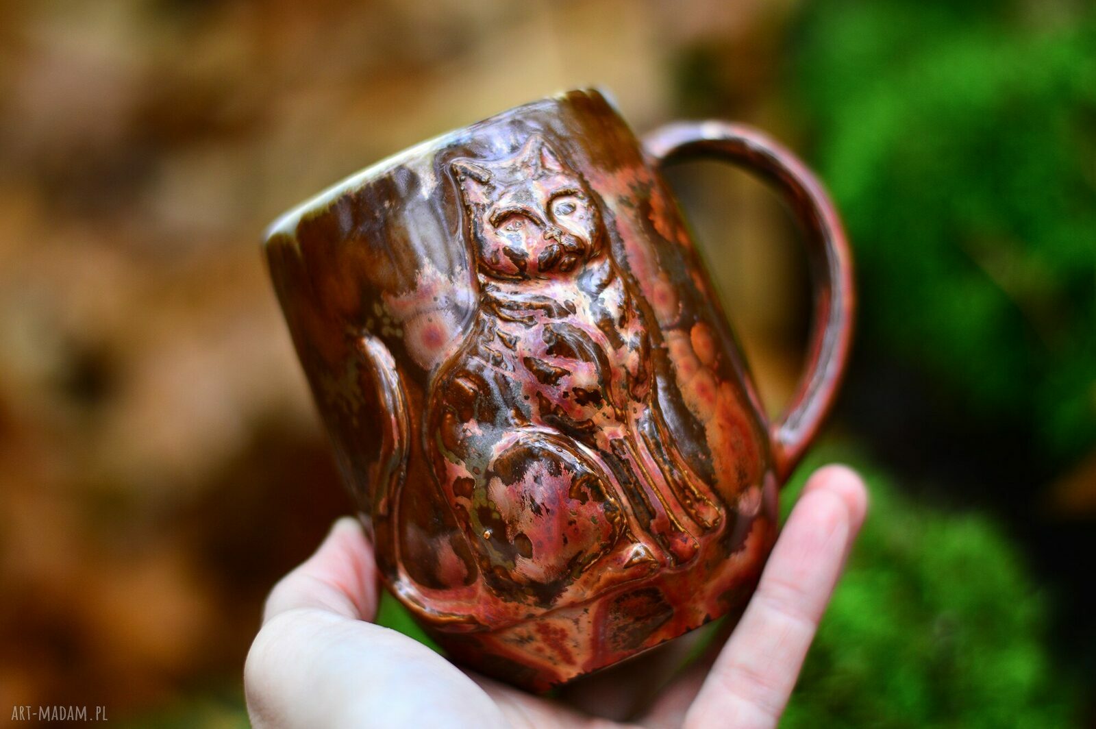 Duży kubek ceramiczny z kotem - ręcznie toczony na kole, 400 ml
