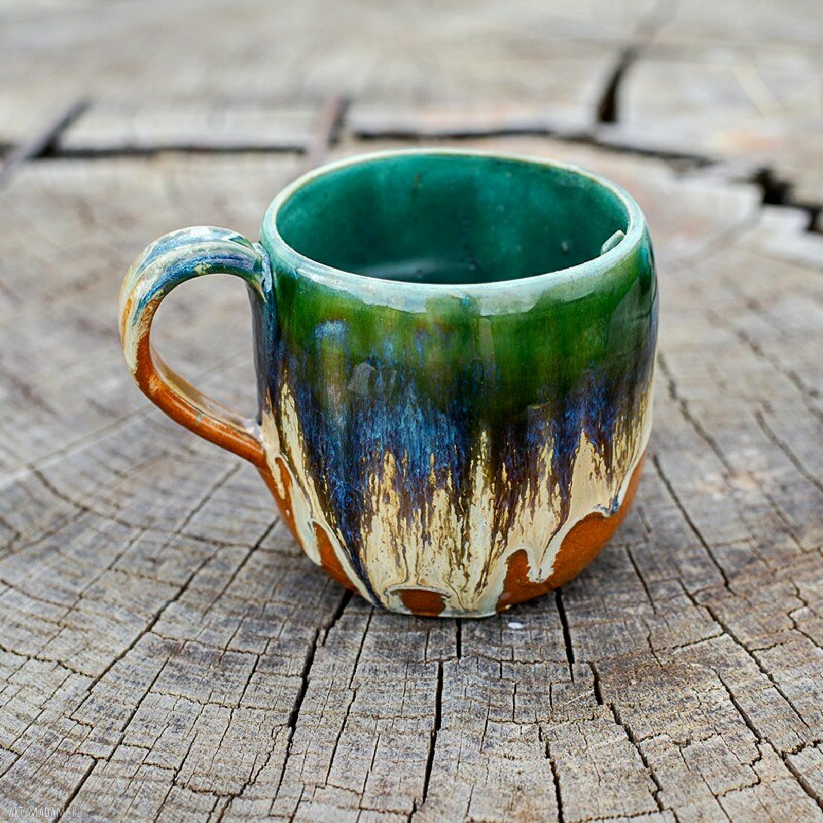 Handmade duży kubek ceramiczny z koniem wewnątrz - Smaragd - ok. 390 ml