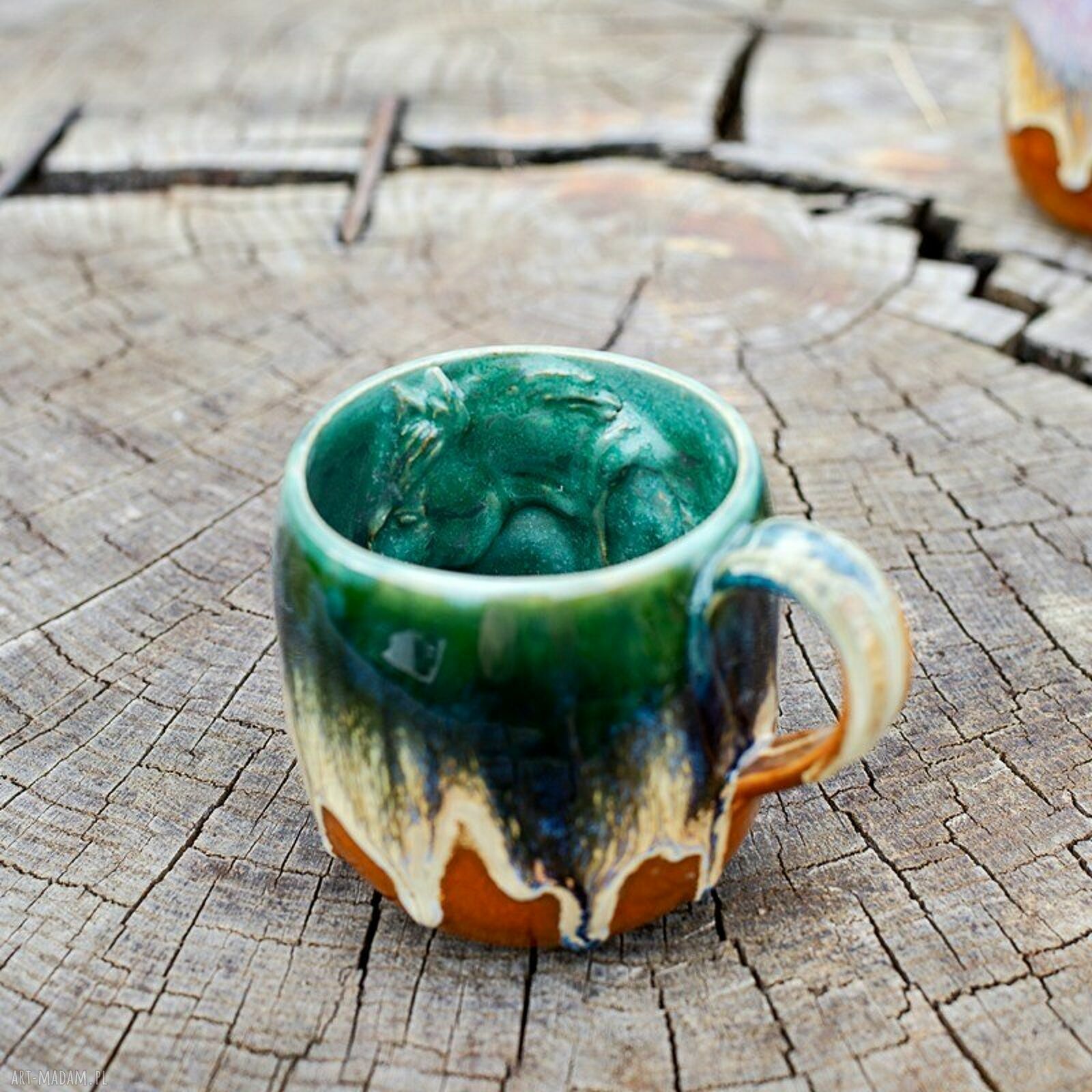 Handmade duży kubek ceramiczny z koniem wewnątrz - Smaragd - ok. 390 ml