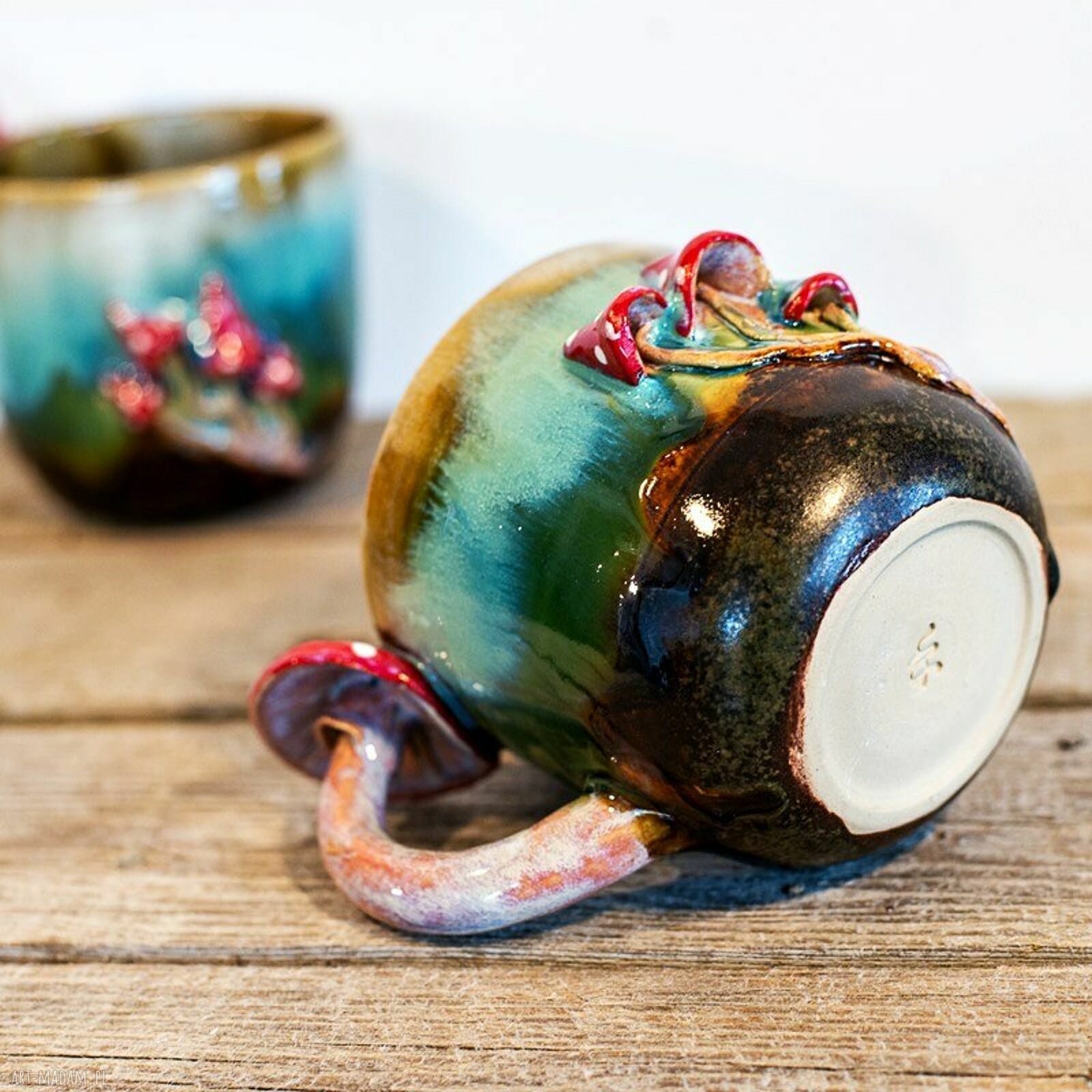 Handmade duży kubek z muchomorkiem - turkusowe poszycie, ok. 460 ml