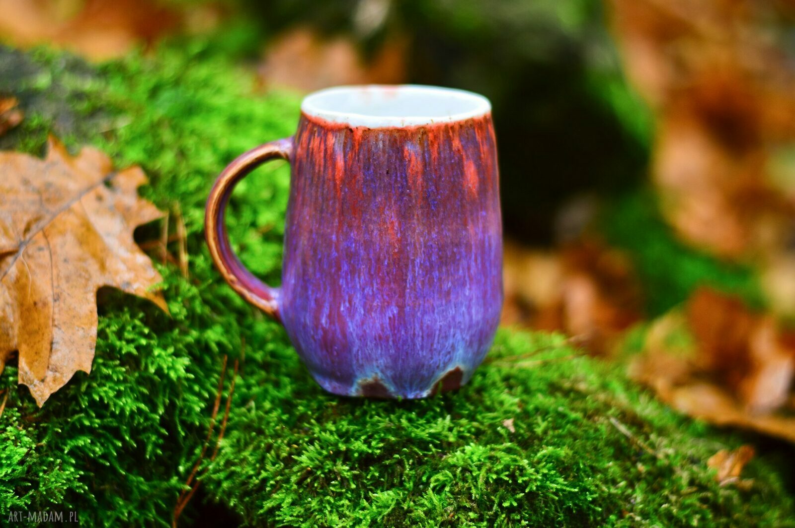 Duży kubek ceramiczny z kotem 420 ml - różowo-brązowy, ręcznie robiony