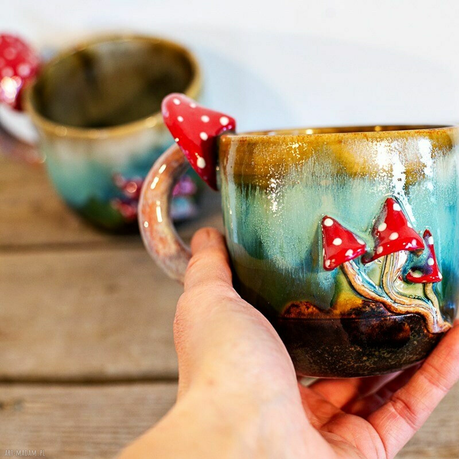 Handmade duży kubek z muchomorkiem - turkusowe poszycie, ok. 460 ml