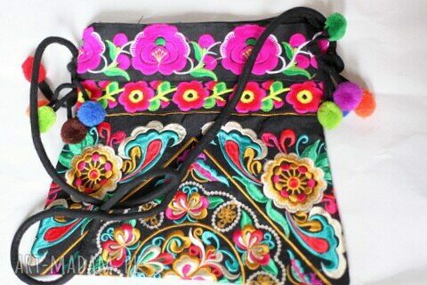 Torba na ramię Hmong - dynamicznie kolorowa, haftowana handmade z zamkiem