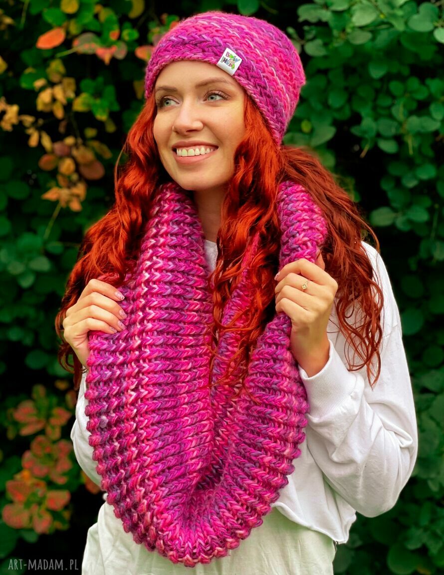 Ciepły komin handmade Luks Malina z wełną 15%