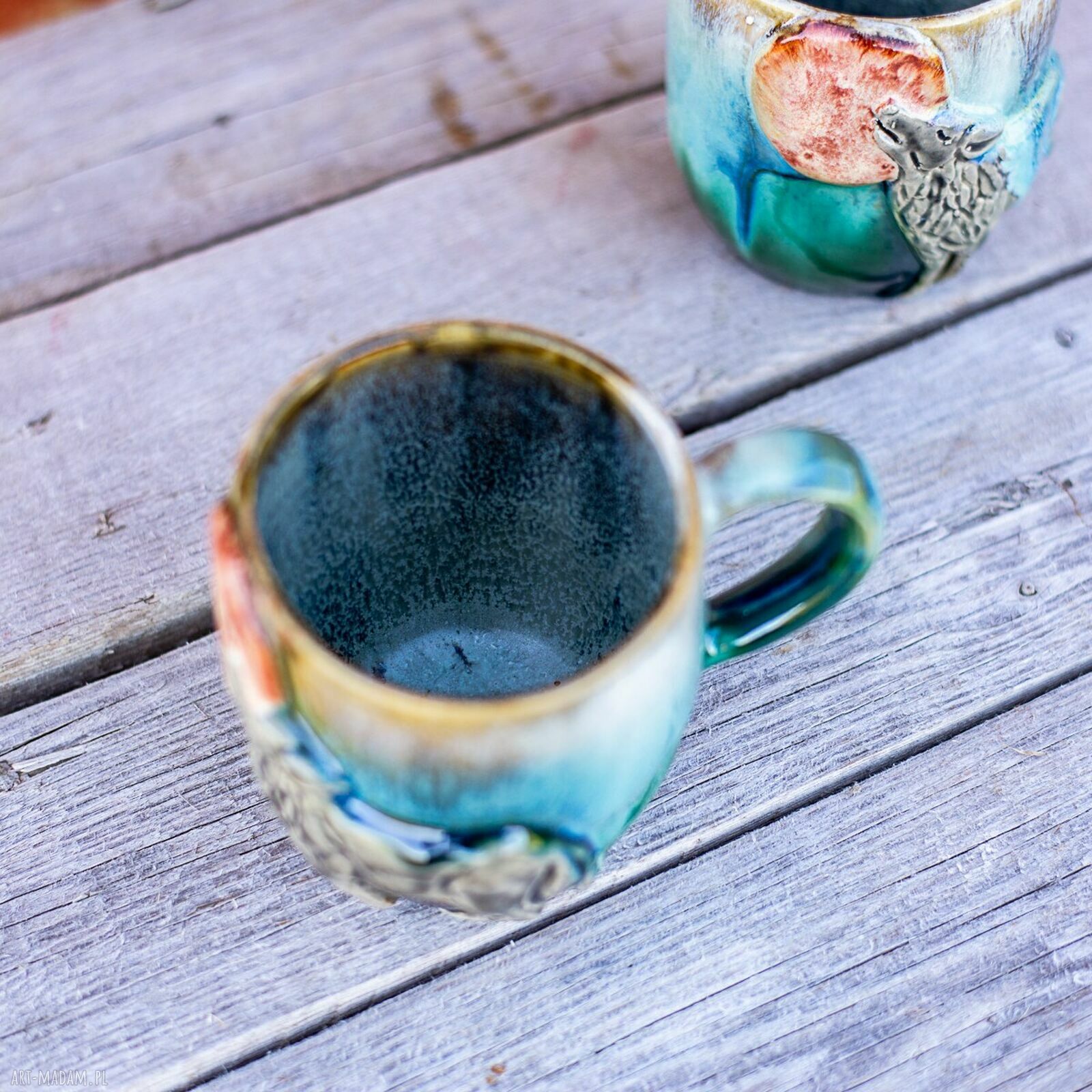 Ręcznie robiony kubek ceramiczny z wilkiem - duży ok. 420 ml