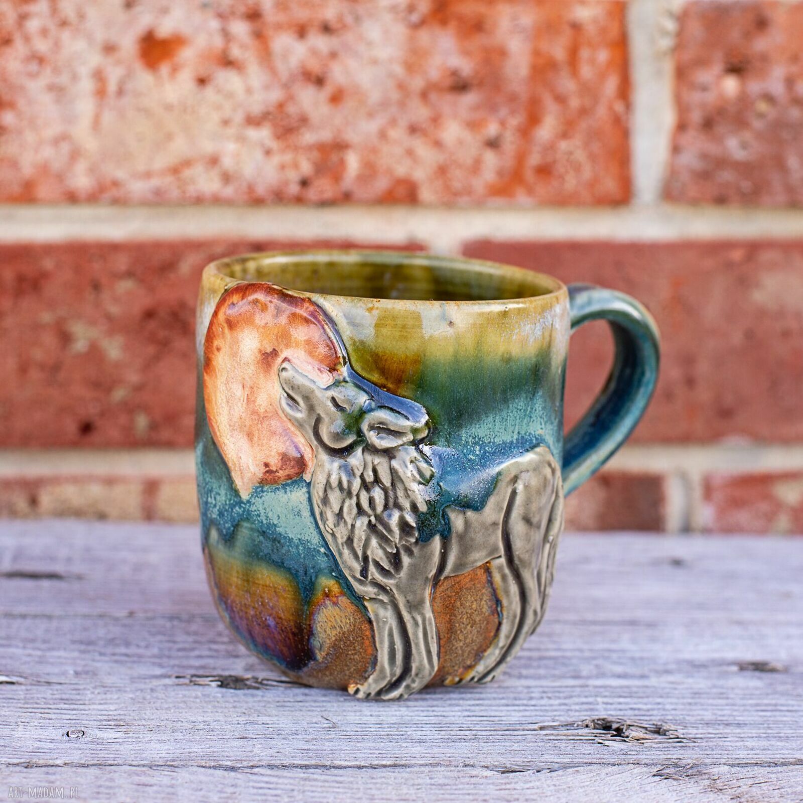 Handmade kubek ceramiczny z wilkiem - duży 400 ml Moss (dla miłośnika lasu)