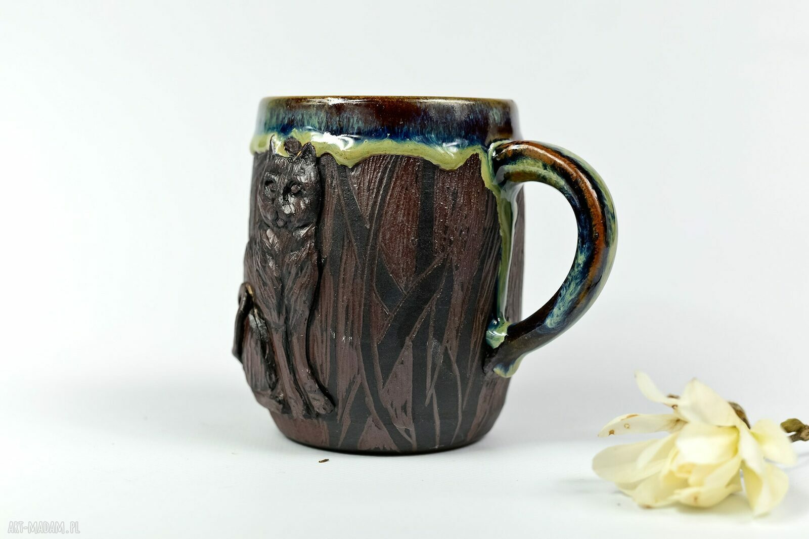 Duży kubek ceramiczny z kotem - leśne opowieści (470 ml)