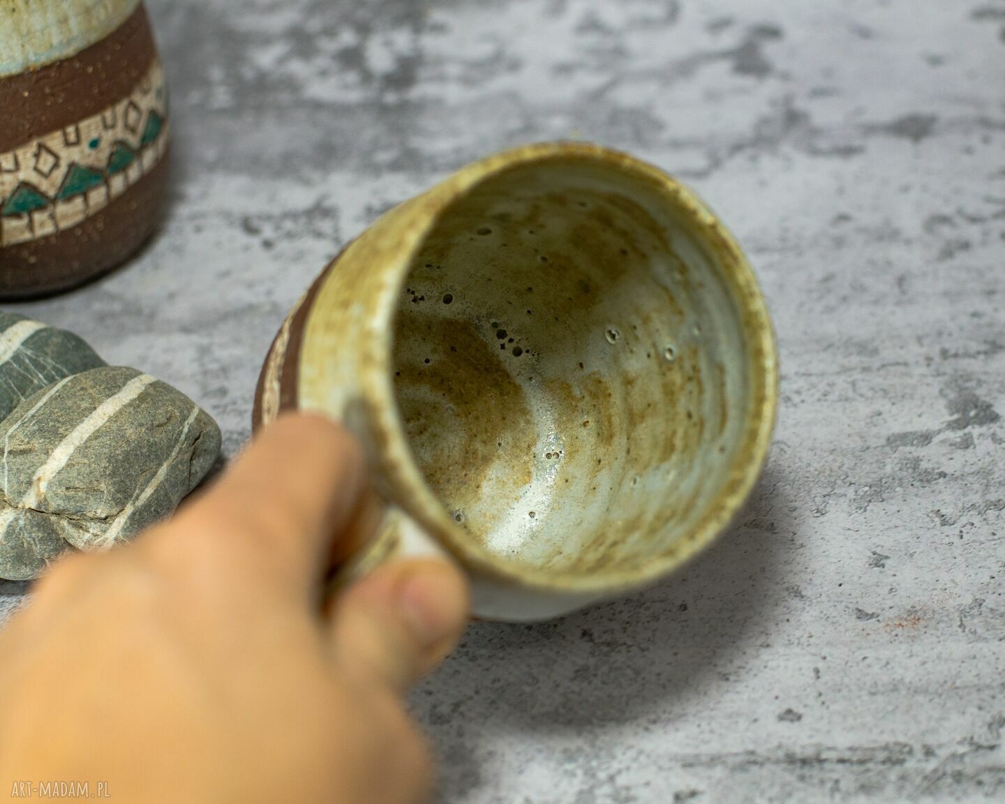 Handmade kubek ceramiczny 350 ml - etniczny grunge (brąz i beż)