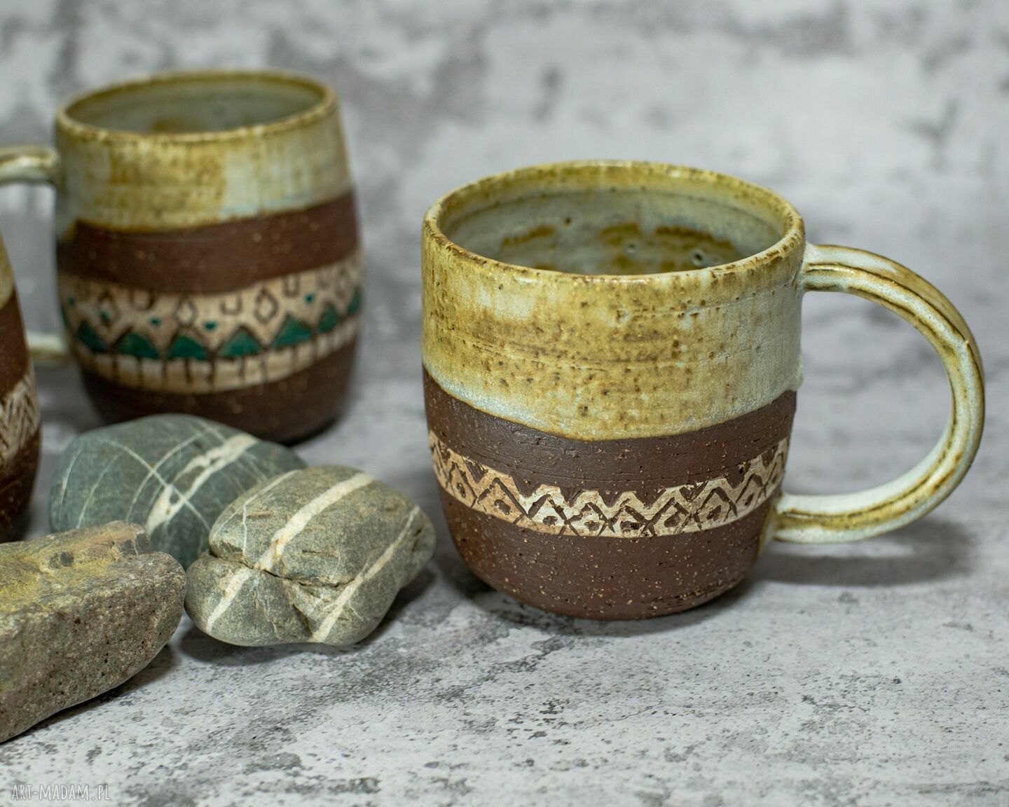 Handmade kubek ceramiczny 350 ml - etniczny grunge (brąz i beż)