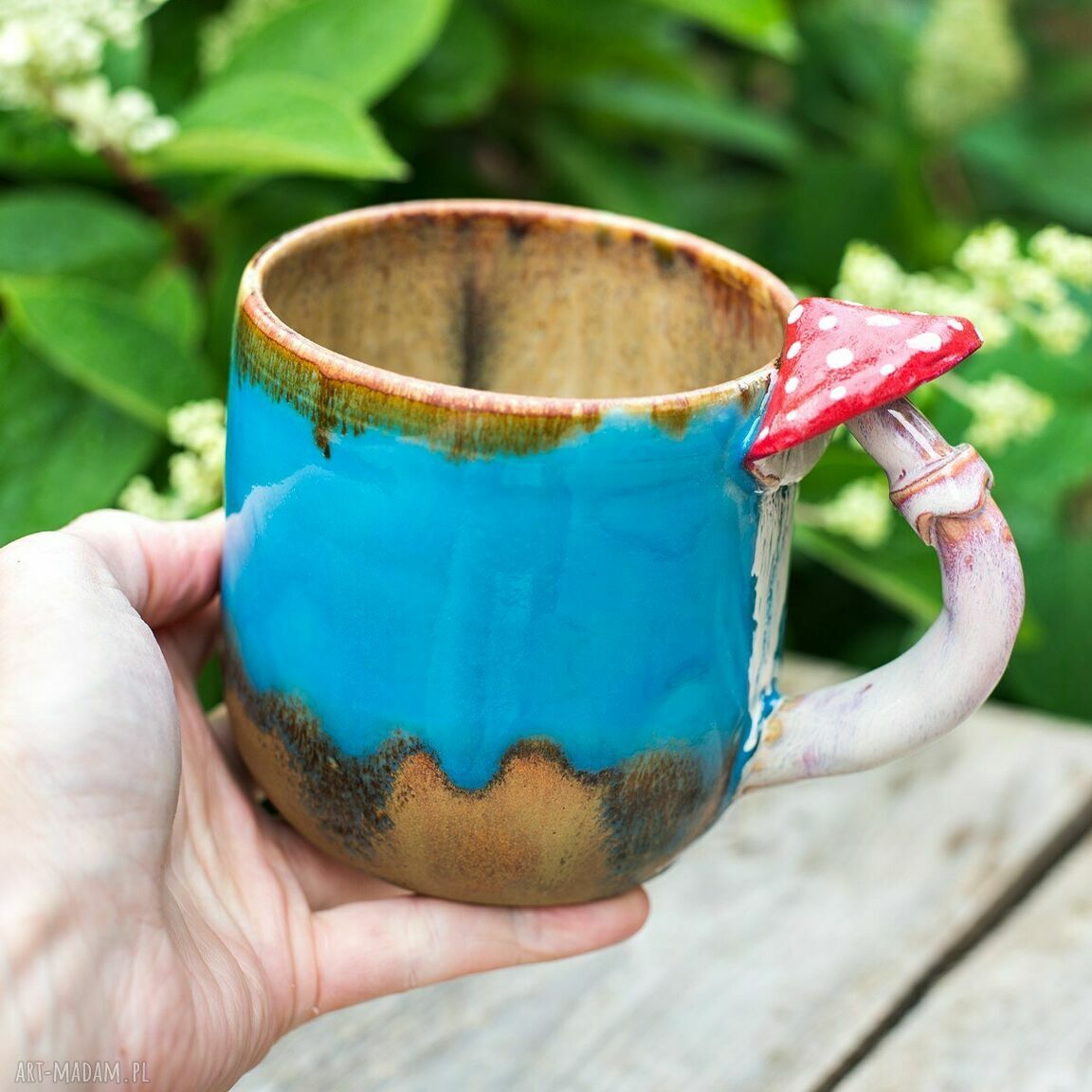 Kubek z muchomorkiem turkusowy 580 ml - ceramika handmade "Jesienne Zbiory"