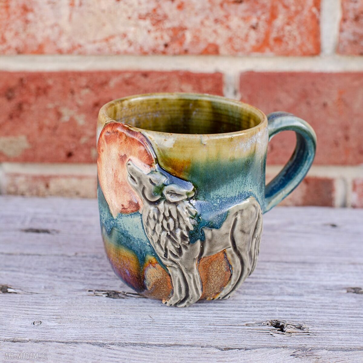 Handmade kubek ceramiczny z wilkiem - duży 400 ml Moss (dla miłośnika lasu)