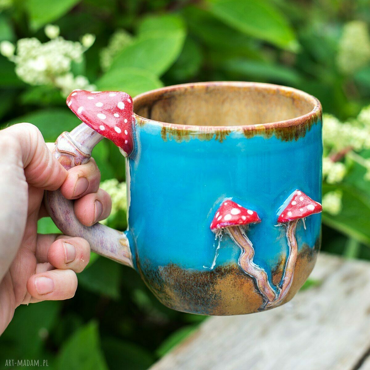 Kubek z muchomorkiem turkusowy 580 ml - ceramika handmade "Jesienne Zbiory"