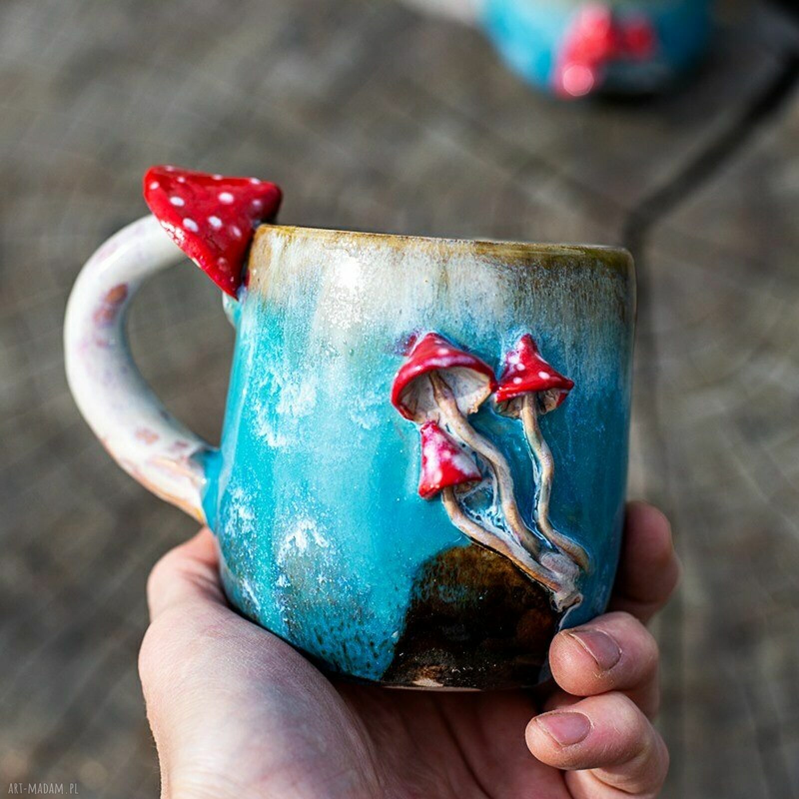 Handmade kubek z muchomorkiem - kamionka ok. 380 ml (szronki)