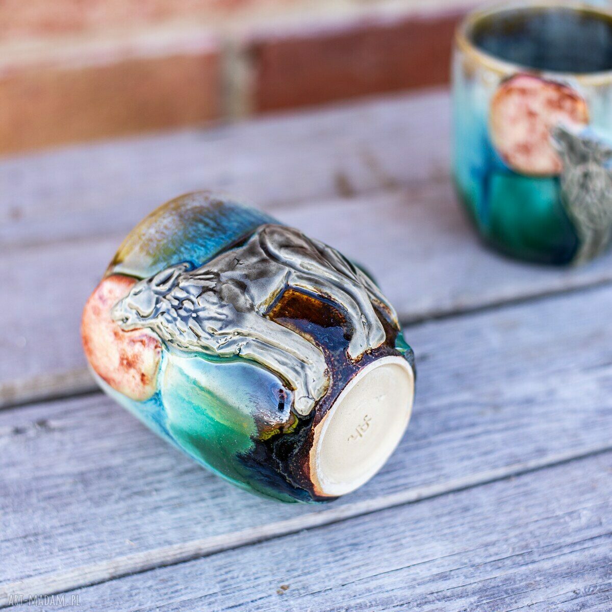 Ręcznie robiony kubek ceramiczny z wilkiem - duży ok. 420 ml