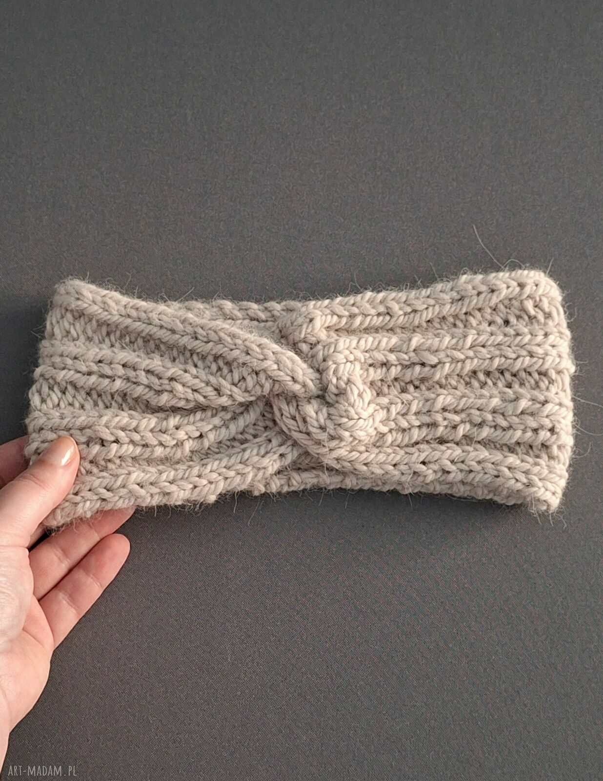 Ręcznie robiona opaska wełniana na drutach - turban twist beżowa wapień