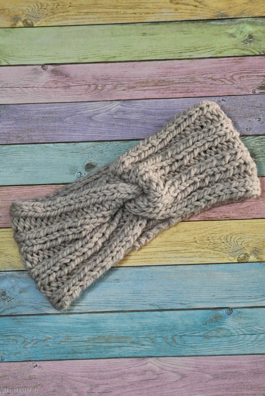 Ręcznie robiona opaska wełniana na drutach - turban twist beżowa (wapień)