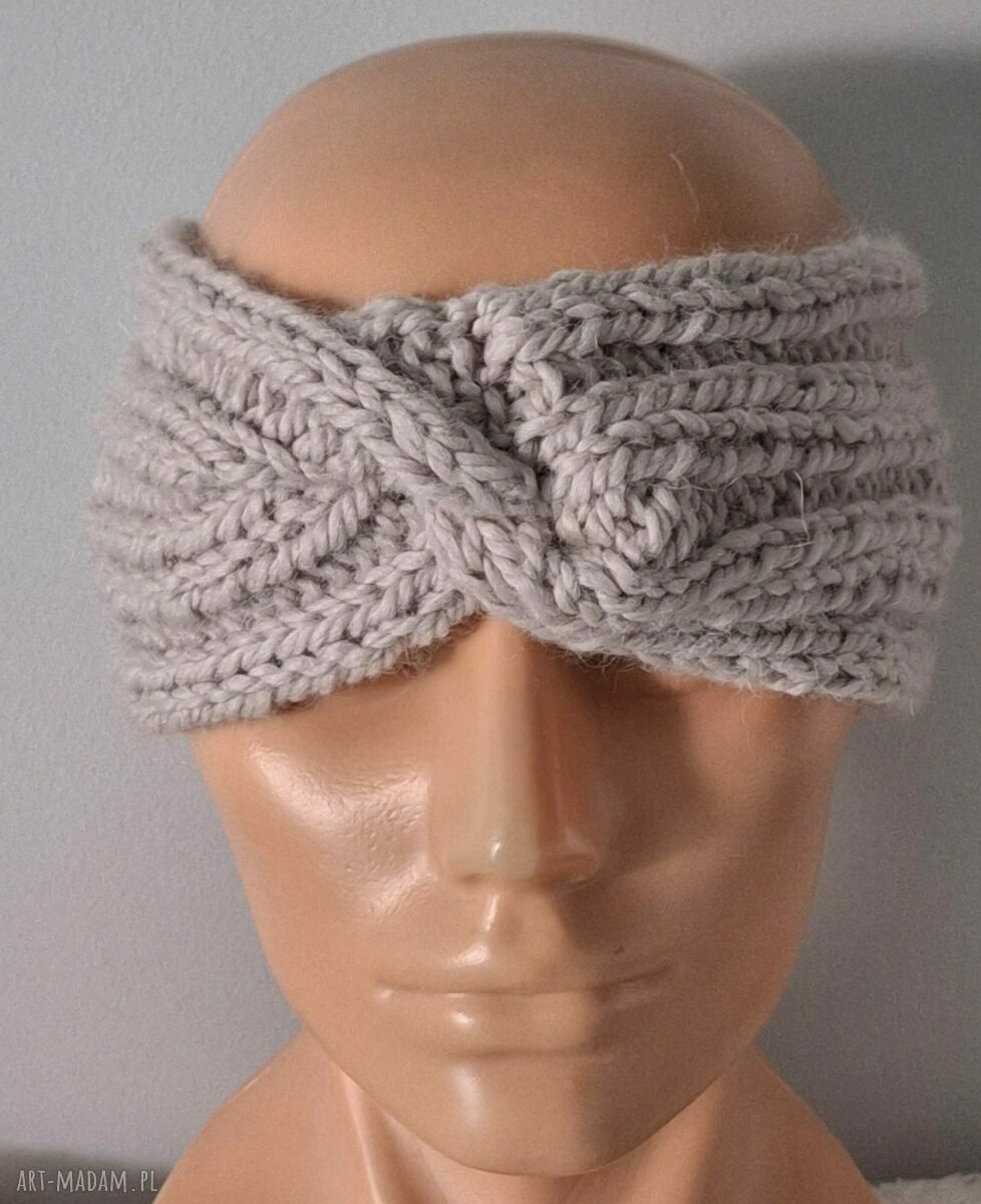 Ręcznie robiona opaska wełniana na drutach - turban twist beżowa (wapień)