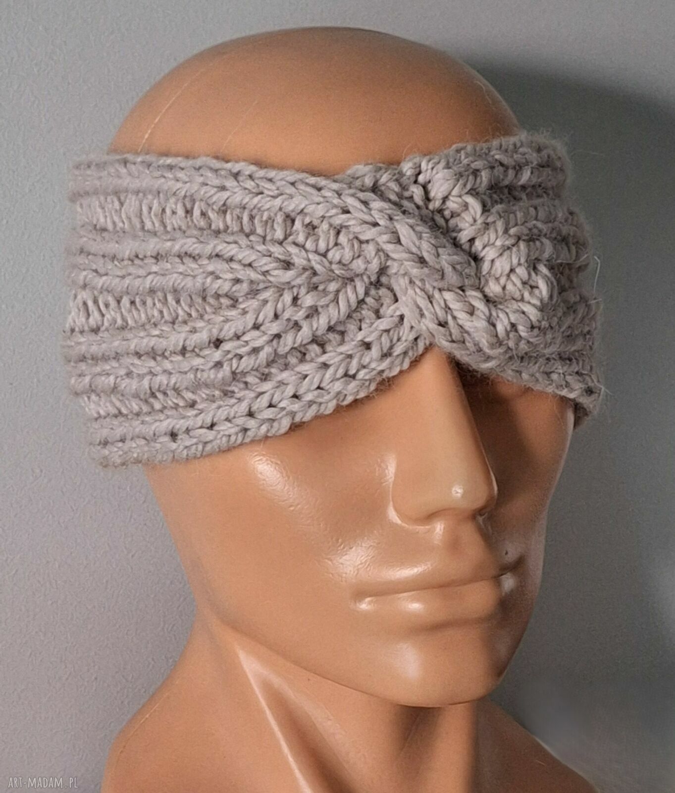 Ręcznie robiona opaska wełniana na drutach - turban twist beżowa (wapień)