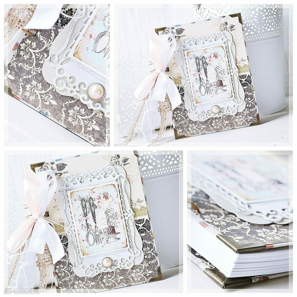 Przepiśnik Vintage - scrapbooking notes z koronką, wstążką i metalowymi narożnikami