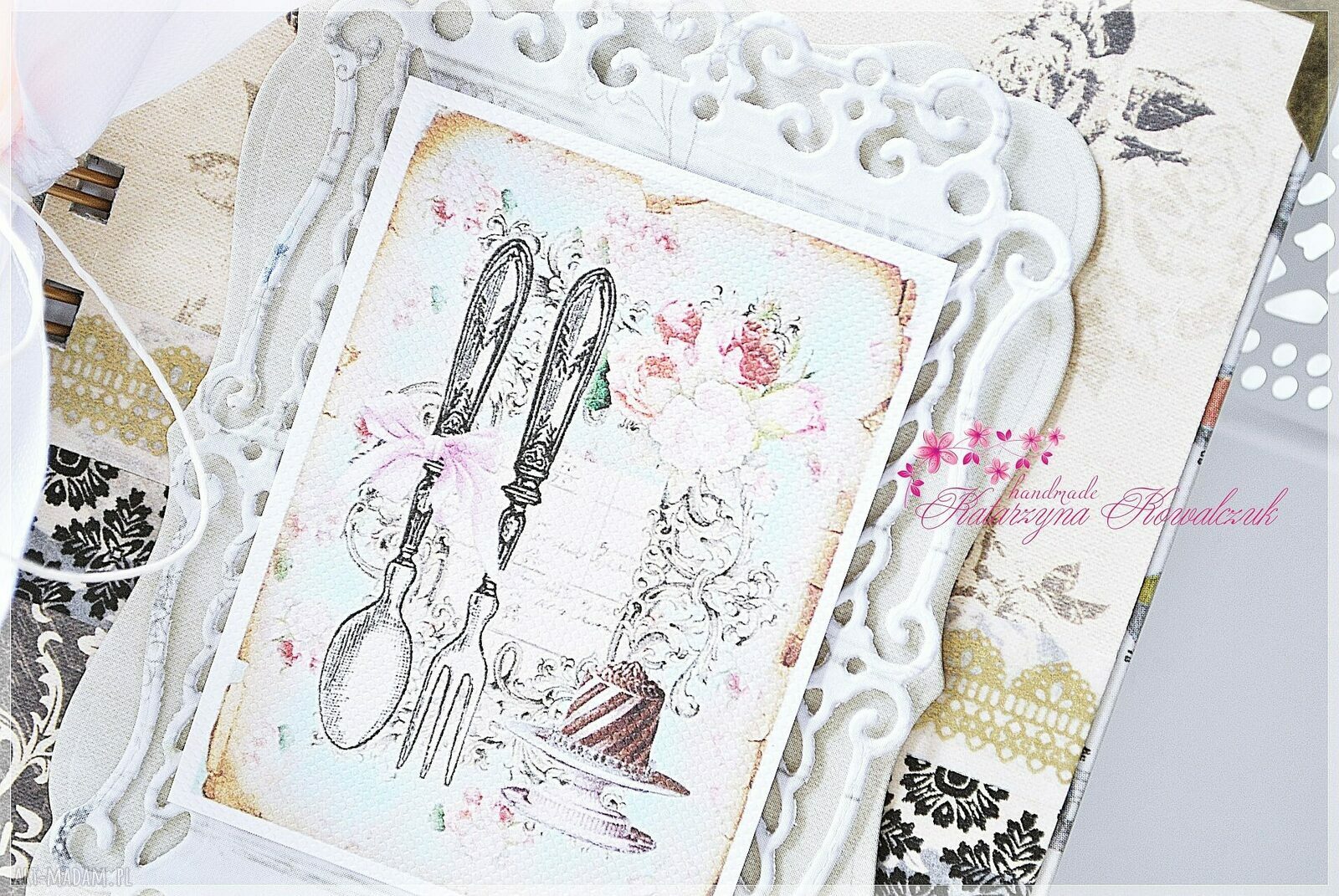 Przepiśnik Vintage - scrapbooking notes z koronką, wstążką i metalowymi narożnikami