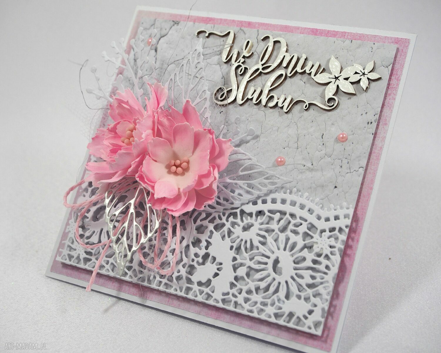 Kartka ślubna „W dniu ślubu” - handmade scrapbooking z kwiatami 3D