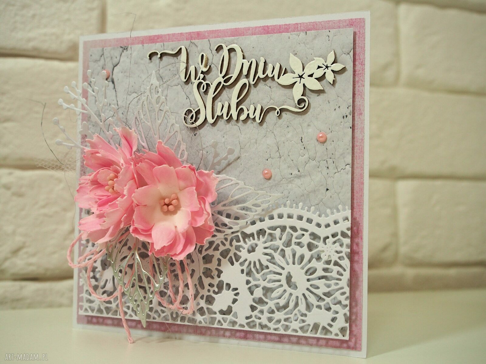 Kartka ślubna „W dniu ślubu” - handmade scrapbooking z kwiatami 3D