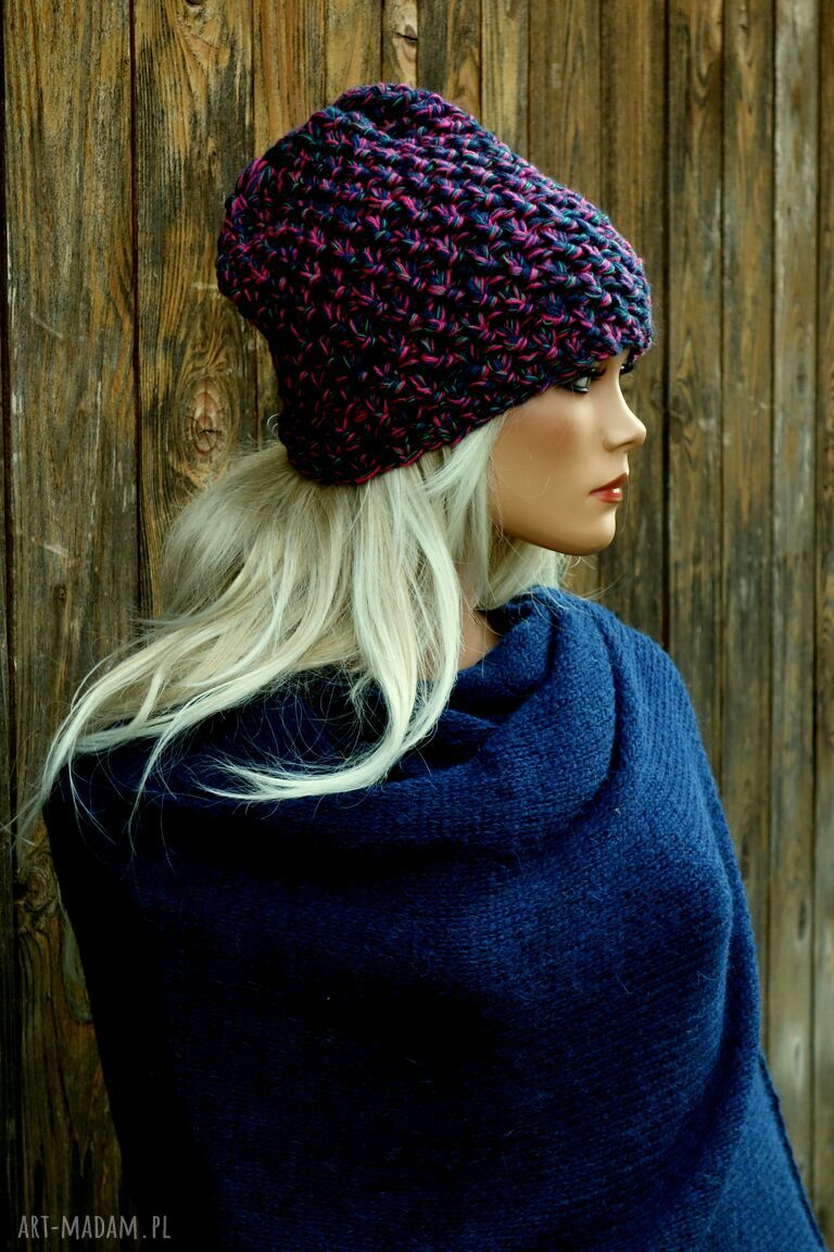 Ciepła czapka zimowa damska handmade - melanż granat, fuksja i szmaragd