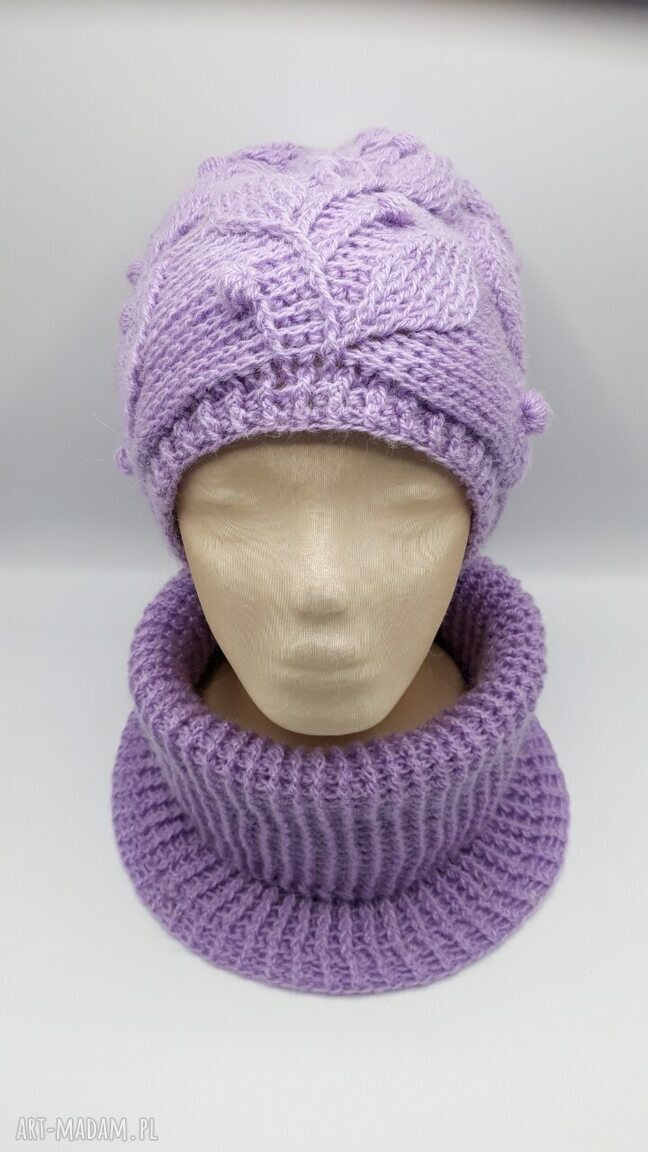 Zimowy komplet handmade: czapka i komin Lawendowe Liście
