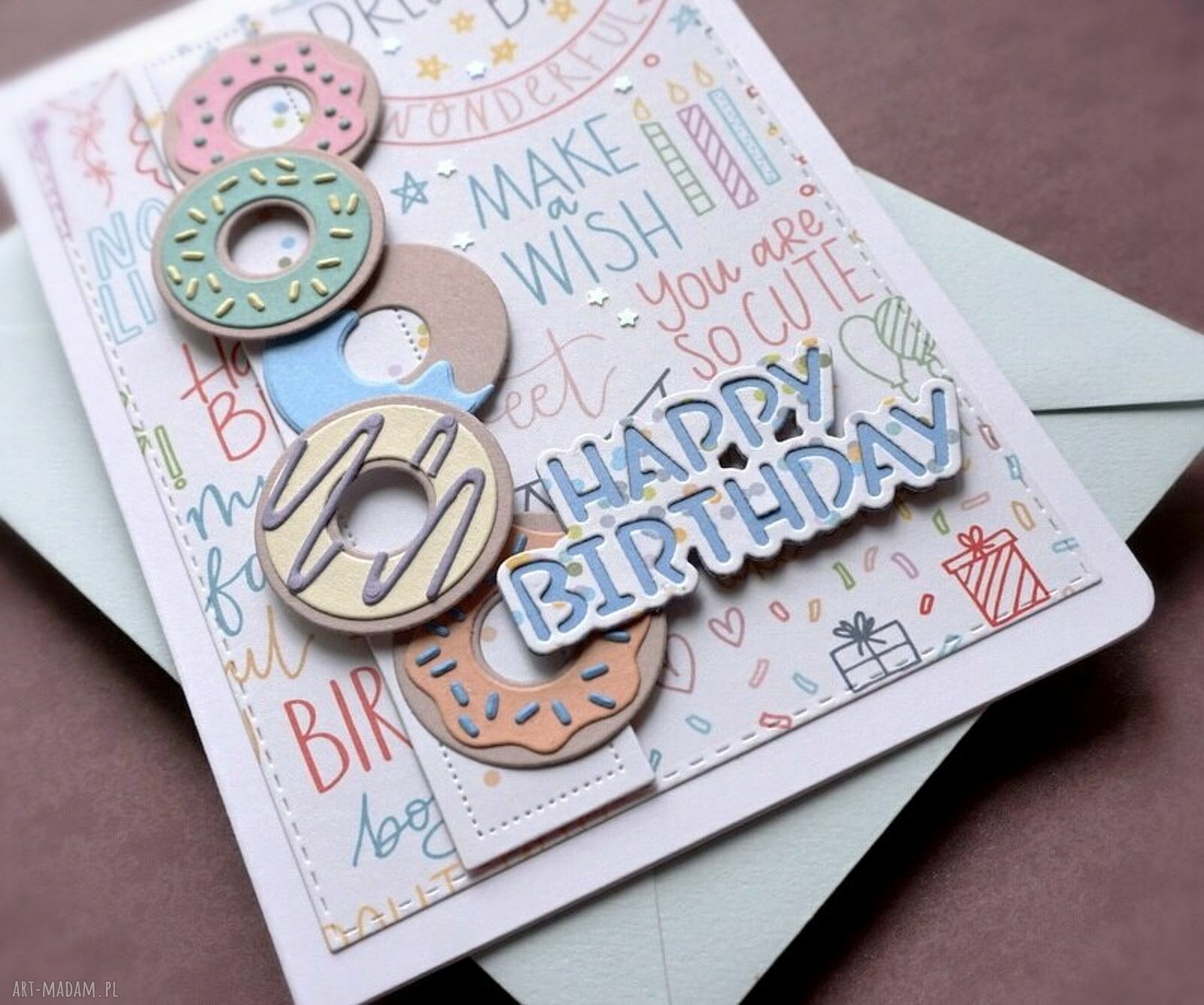 Happy Donuts - ręcznie robiona kartka urodzinowa 3D z kopertą miętową
