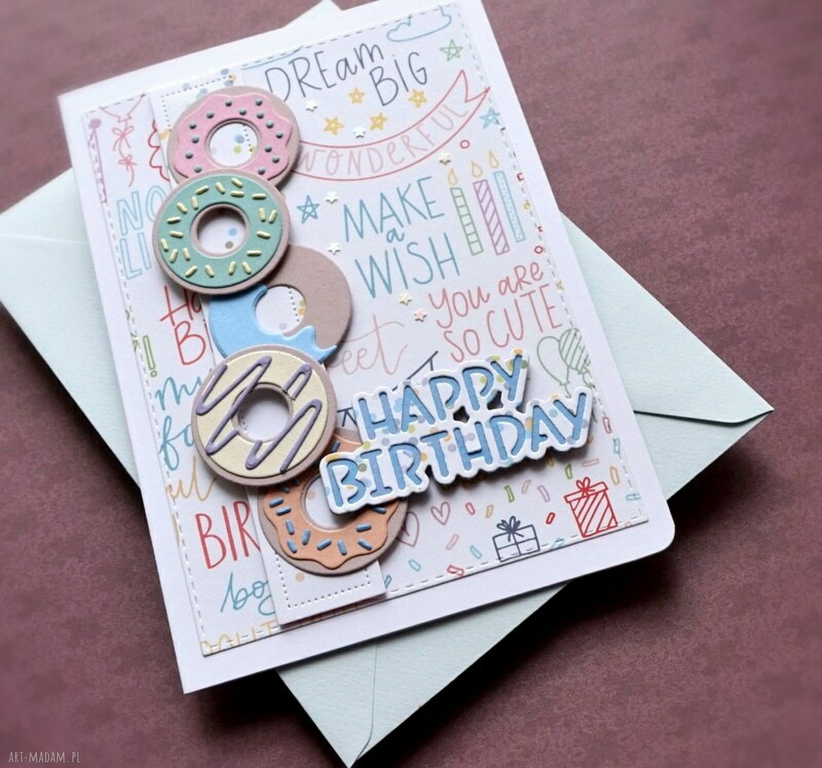 Happy Donuts - ręcznie robiona kartka urodzinowa 3D z kopertą miętową