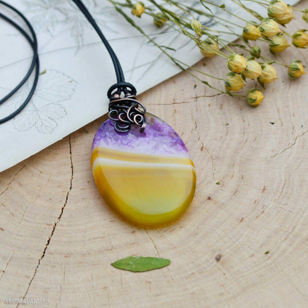 Naszyjnik Happyness z unikatowym agatem żółto-fioletowym - wire wrapping