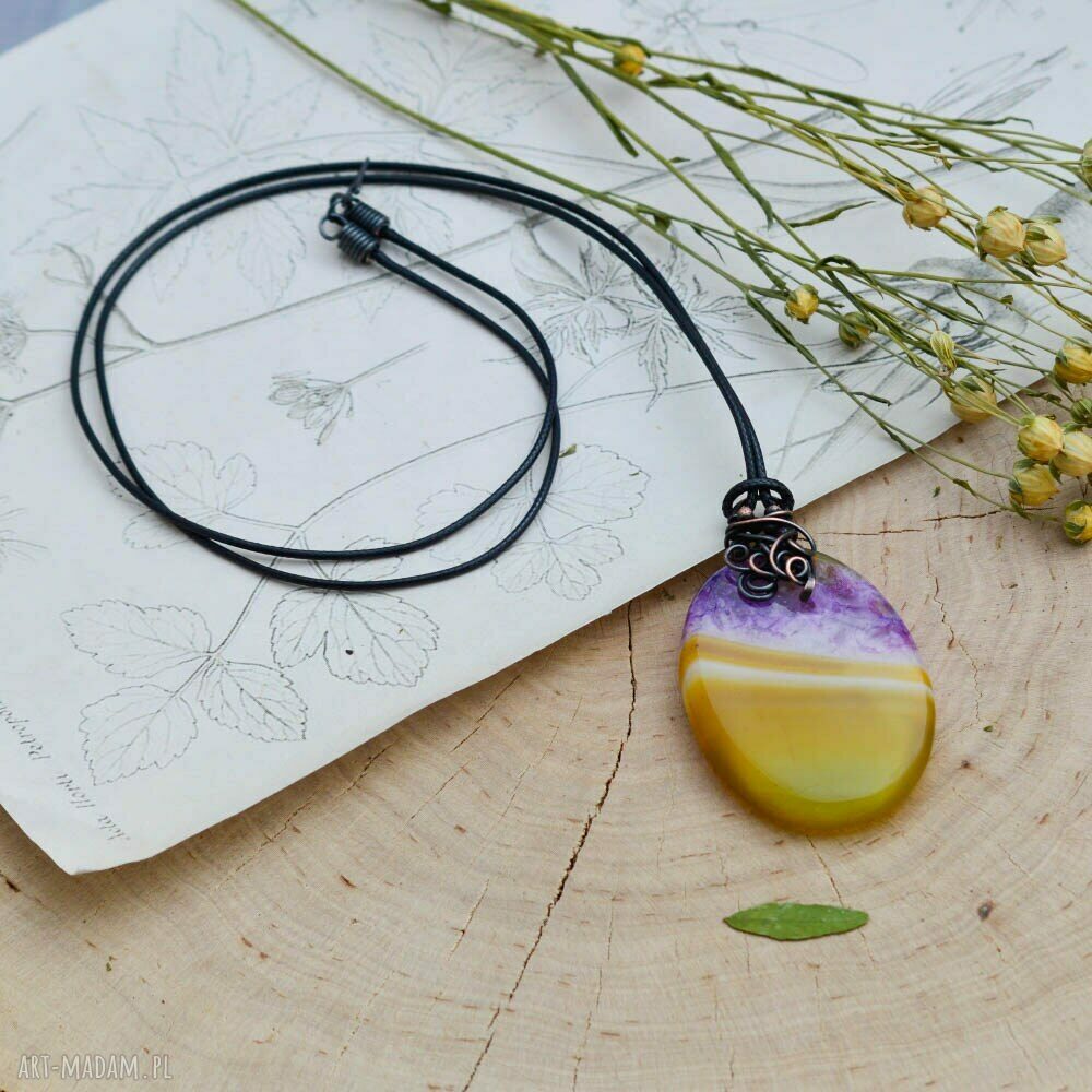 Naszyjnik Happyness z unikatowym agatem żółto-fioletowym - wire wrapping