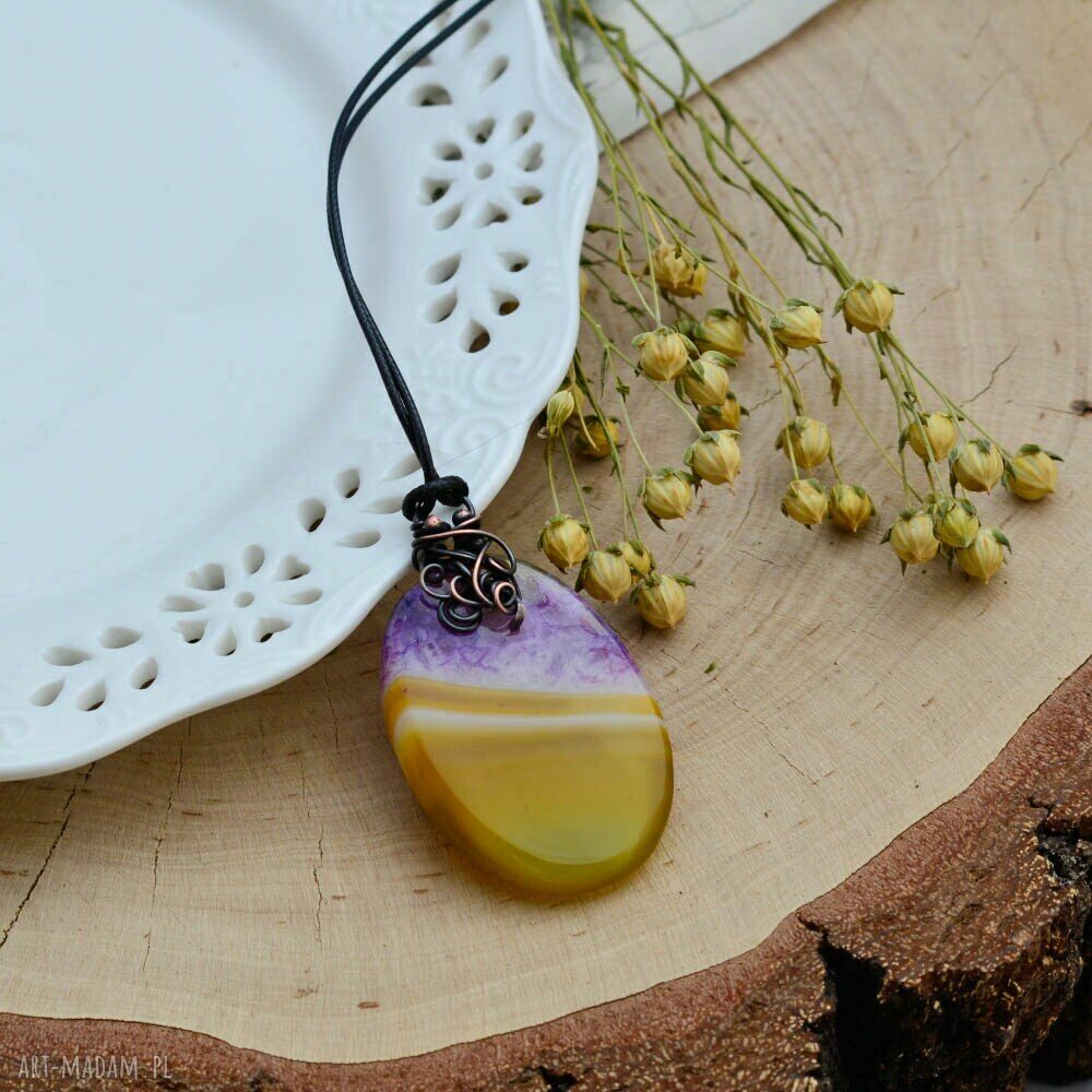 Naszyjnik Happyness z unikatowym agatem żółto-fioletowym - wire wrapping
