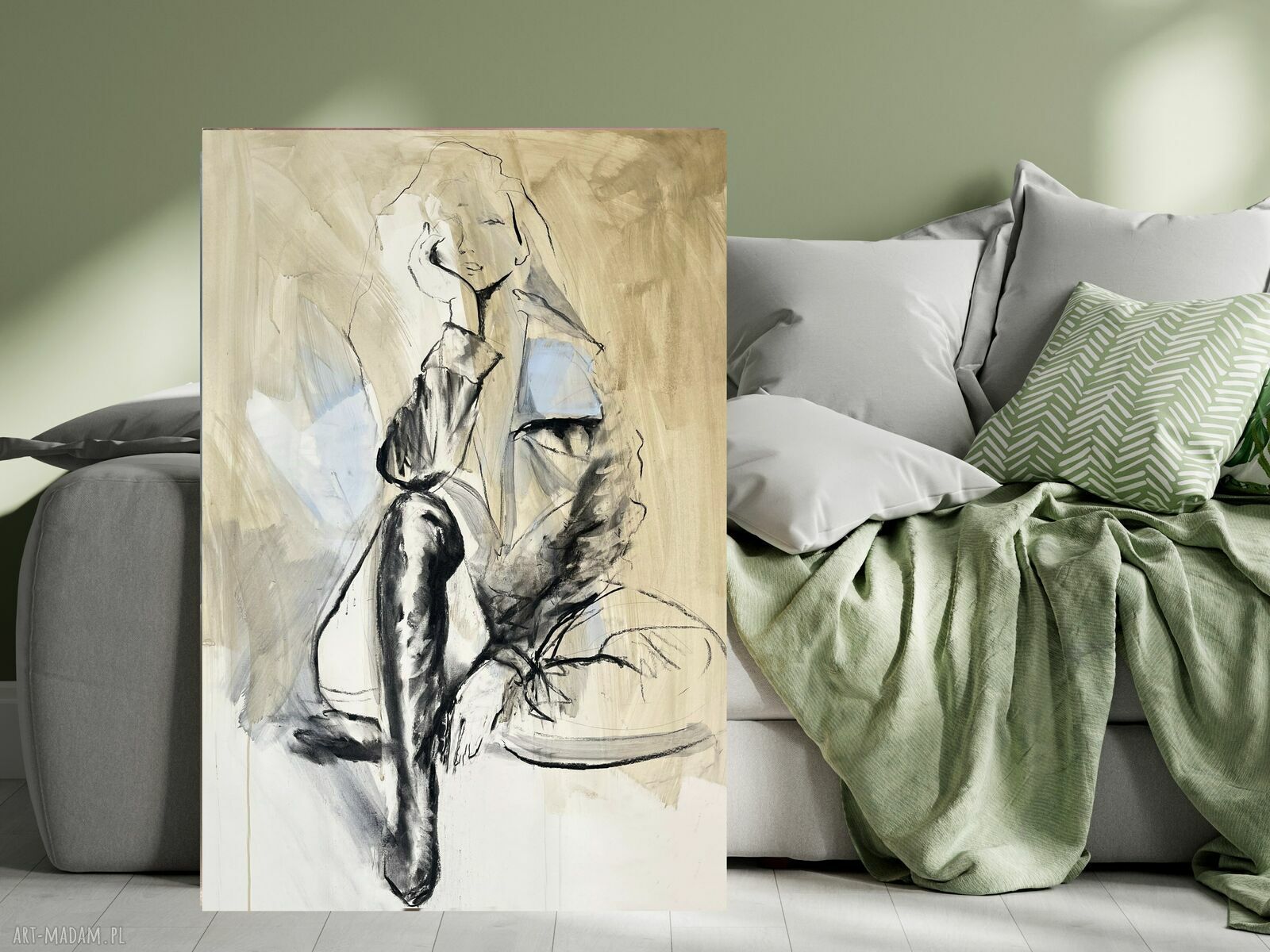 Her - obraz kobiecy 100x70 cm w beżowo-niebieskiej tonacji