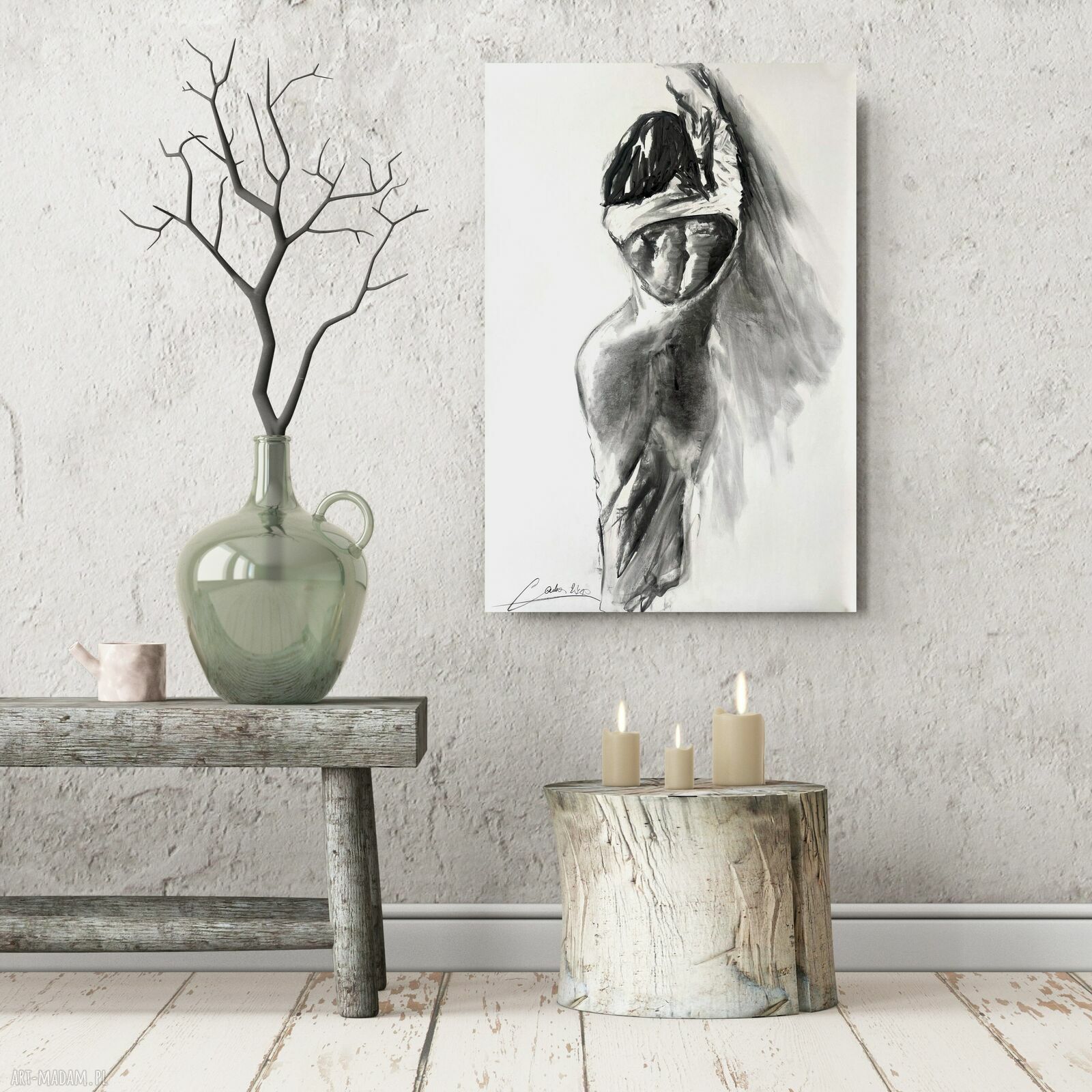 Her - 100x70 cm, rysunek węglem na papierze w tonacji ciepłej bieli