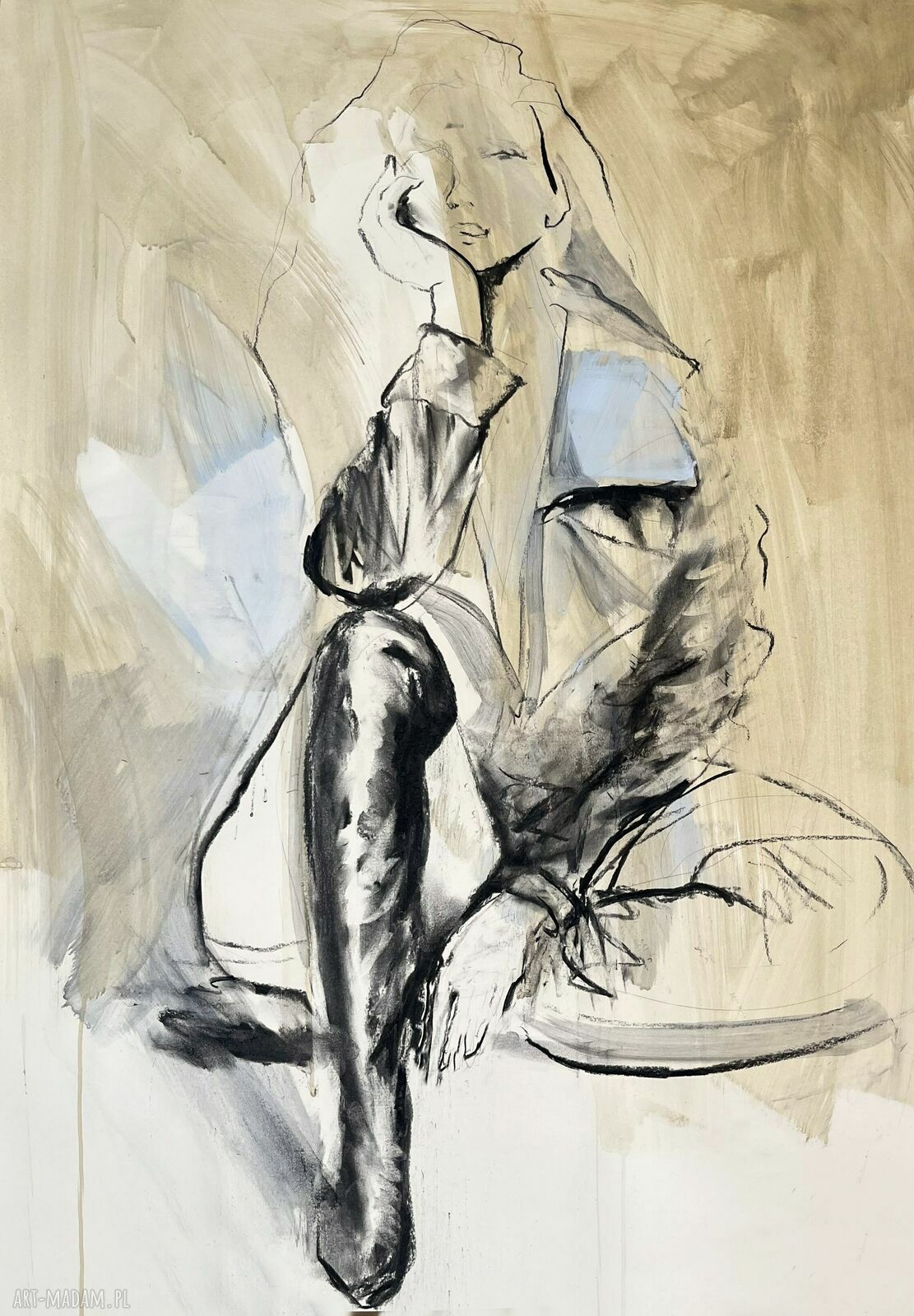 Her - obraz kobiecy 100x70 cm w beżowo-niebieskiej tonacji